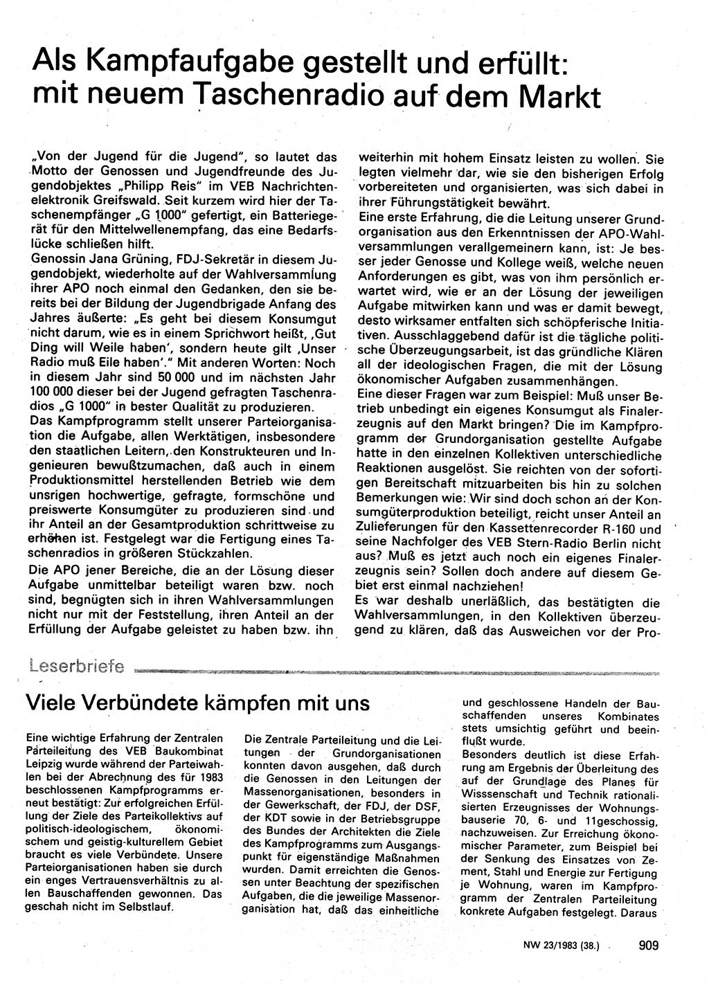 Neuer Weg (NW), Organ des Zentralkomitees (ZK) der SED (Sozialistische Einheitspartei Deutschlands) für Fragen des Parteilebens, 38. Jahrgang [Deutsche Demokratische Republik (DDR)] 1983, Seite 909 (NW ZK SED DDR 1983, S. 909)