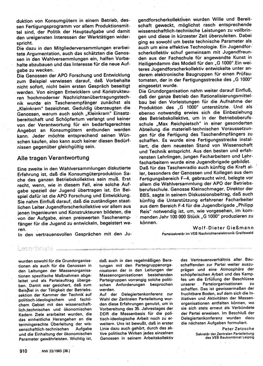 Neuer Weg (NW), Organ des Zentralkomitees (ZK) der SED (Sozialistische Einheitspartei Deutschlands) für Fragen des Parteilebens, 38. Jahrgang [Deutsche Demokratische Republik (DDR)] 1983, Seite 910 (NW ZK SED DDR 1983, S. 910)