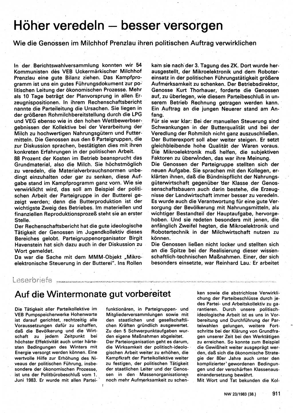 Neuer Weg (NW), Organ des Zentralkomitees (ZK) der SED (Sozialistische Einheitspartei Deutschlands) für Fragen des Parteilebens, 38. Jahrgang [Deutsche Demokratische Republik (DDR)] 1983, Seite 911 (NW ZK SED DDR 1983, S. 911)