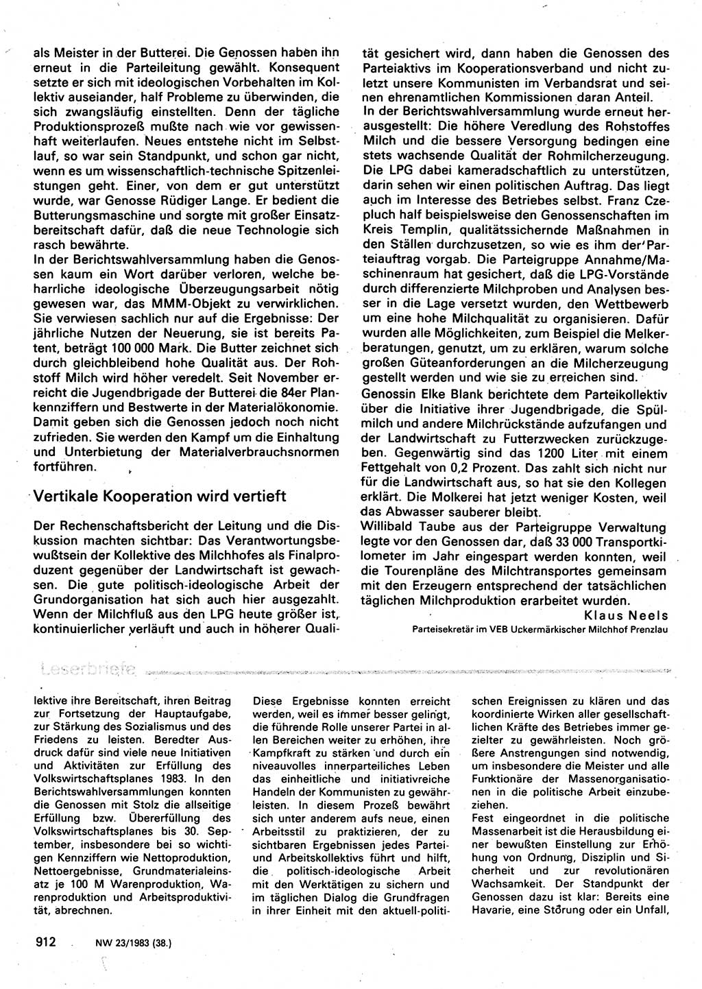 Neuer Weg (NW), Organ des Zentralkomitees (ZK) der SED (Sozialistische Einheitspartei Deutschlands) für Fragen des Parteilebens, 38. Jahrgang [Deutsche Demokratische Republik (DDR)] 1983, Seite 912 (NW ZK SED DDR 1983, S. 912)