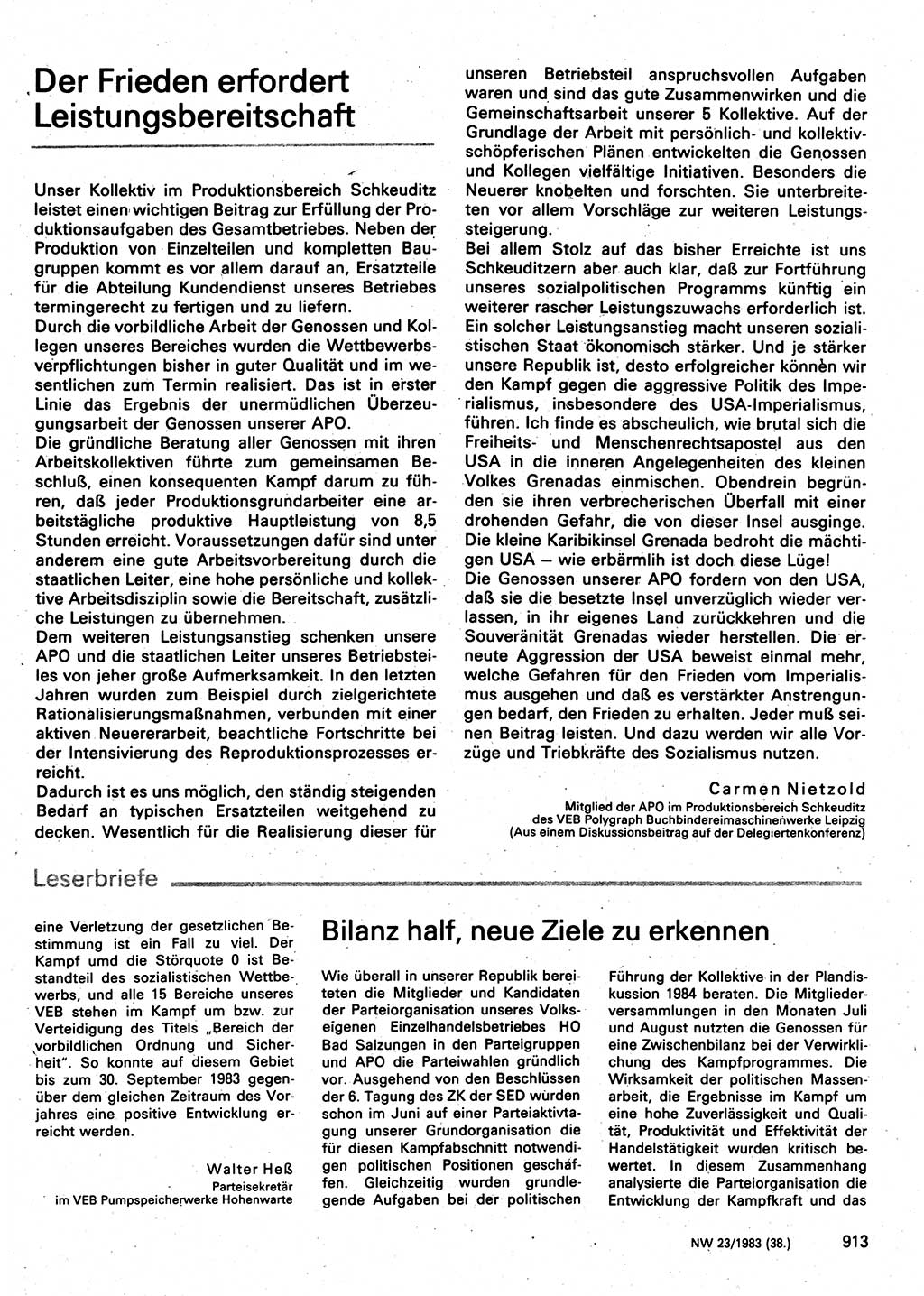 Neuer Weg (NW), Organ des Zentralkomitees (ZK) der SED (Sozialistische Einheitspartei Deutschlands) für Fragen des Parteilebens, 38. Jahrgang [Deutsche Demokratische Republik (DDR)] 1983, Seite 913 (NW ZK SED DDR 1983, S. 913)