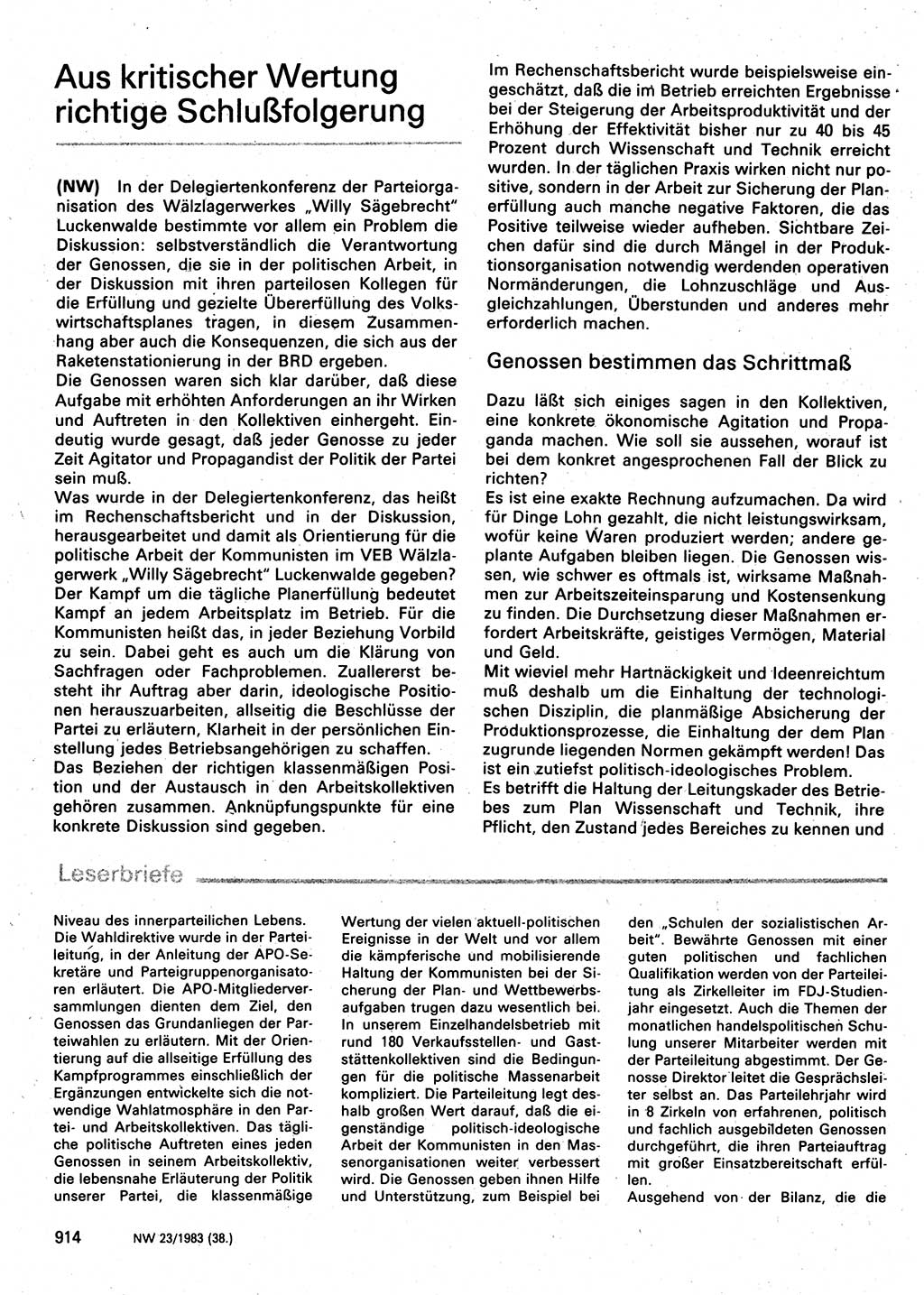Neuer Weg (NW), Organ des Zentralkomitees (ZK) der SED (Sozialistische Einheitspartei Deutschlands) für Fragen des Parteilebens, 38. Jahrgang [Deutsche Demokratische Republik (DDR)] 1983, Seite 914 (NW ZK SED DDR 1983, S. 914)