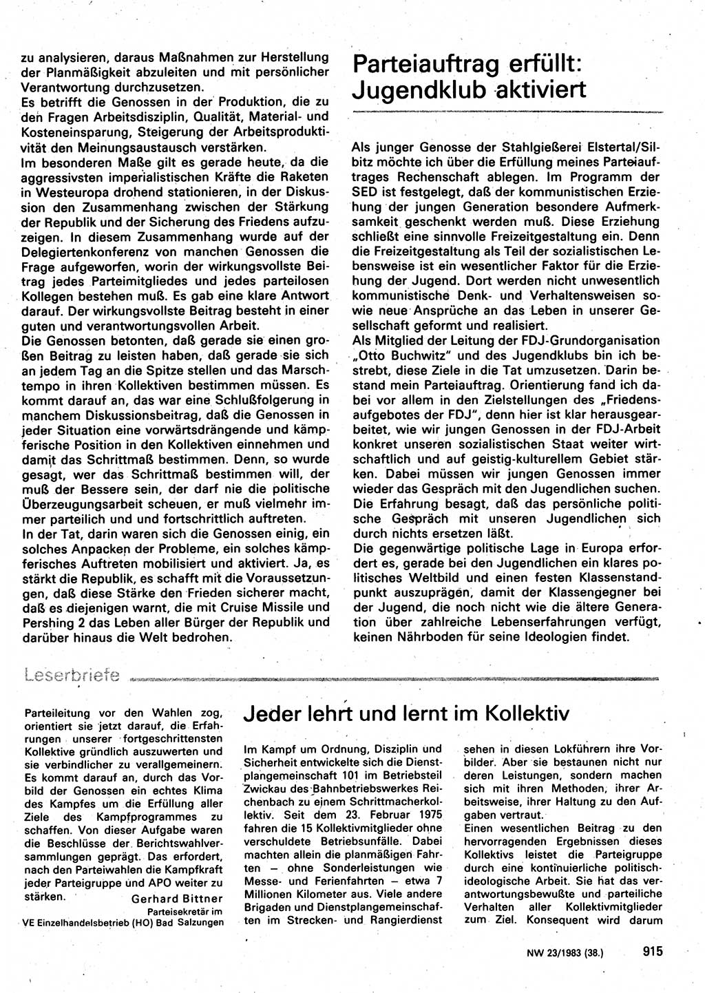 Neuer Weg (NW), Organ des Zentralkomitees (ZK) der SED (Sozialistische Einheitspartei Deutschlands) für Fragen des Parteilebens, 38. Jahrgang [Deutsche Demokratische Republik (DDR)] 1983, Seite 915 (NW ZK SED DDR 1983, S. 915)