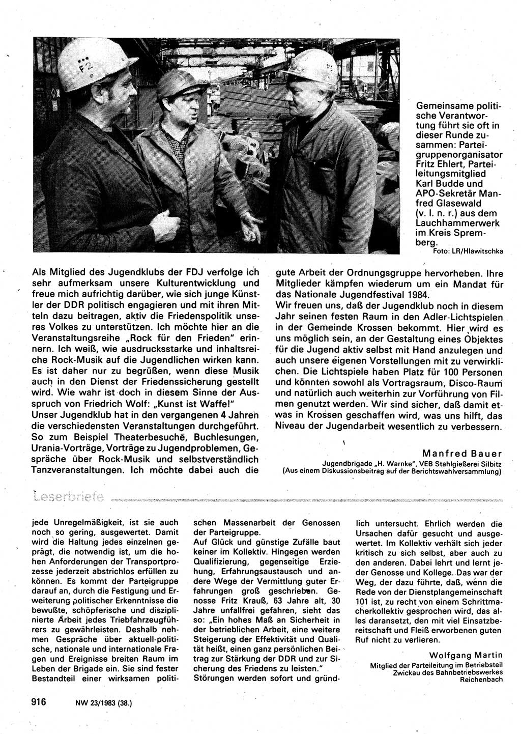 Neuer Weg (NW), Organ des Zentralkomitees (ZK) der SED (Sozialistische Einheitspartei Deutschlands) für Fragen des Parteilebens, 38. Jahrgang [Deutsche Demokratische Republik (DDR)] 1983, Seite 916 (NW ZK SED DDR 1983, S. 916)