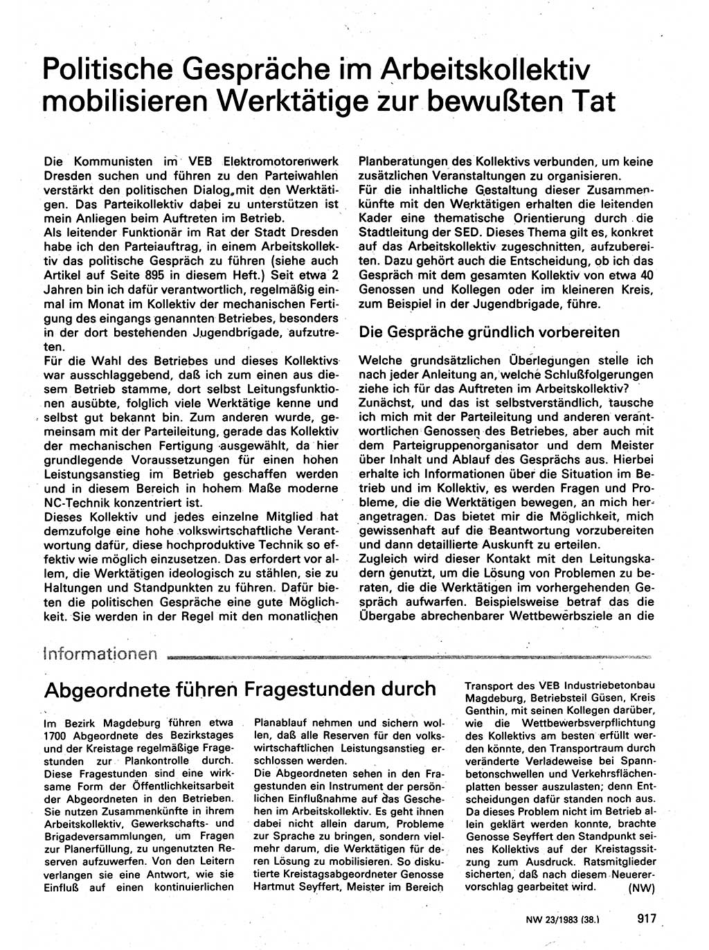 Neuer Weg (NW), Organ des Zentralkomitees (ZK) der SED (Sozialistische Einheitspartei Deutschlands) für Fragen des Parteilebens, 38. Jahrgang [Deutsche Demokratische Republik (DDR)] 1983, Seite 917 (NW ZK SED DDR 1983, S. 917)