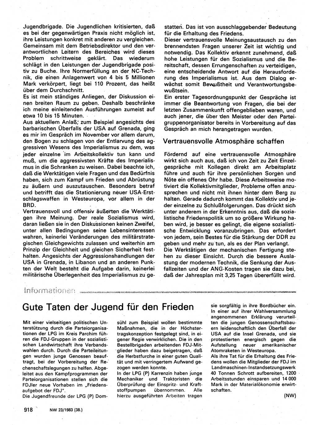 Neuer Weg (NW), Organ des Zentralkomitees (ZK) der SED (Sozialistische Einheitspartei Deutschlands) für Fragen des Parteilebens, 38. Jahrgang [Deutsche Demokratische Republik (DDR)] 1983, Seite 918 (NW ZK SED DDR 1983, S. 918)