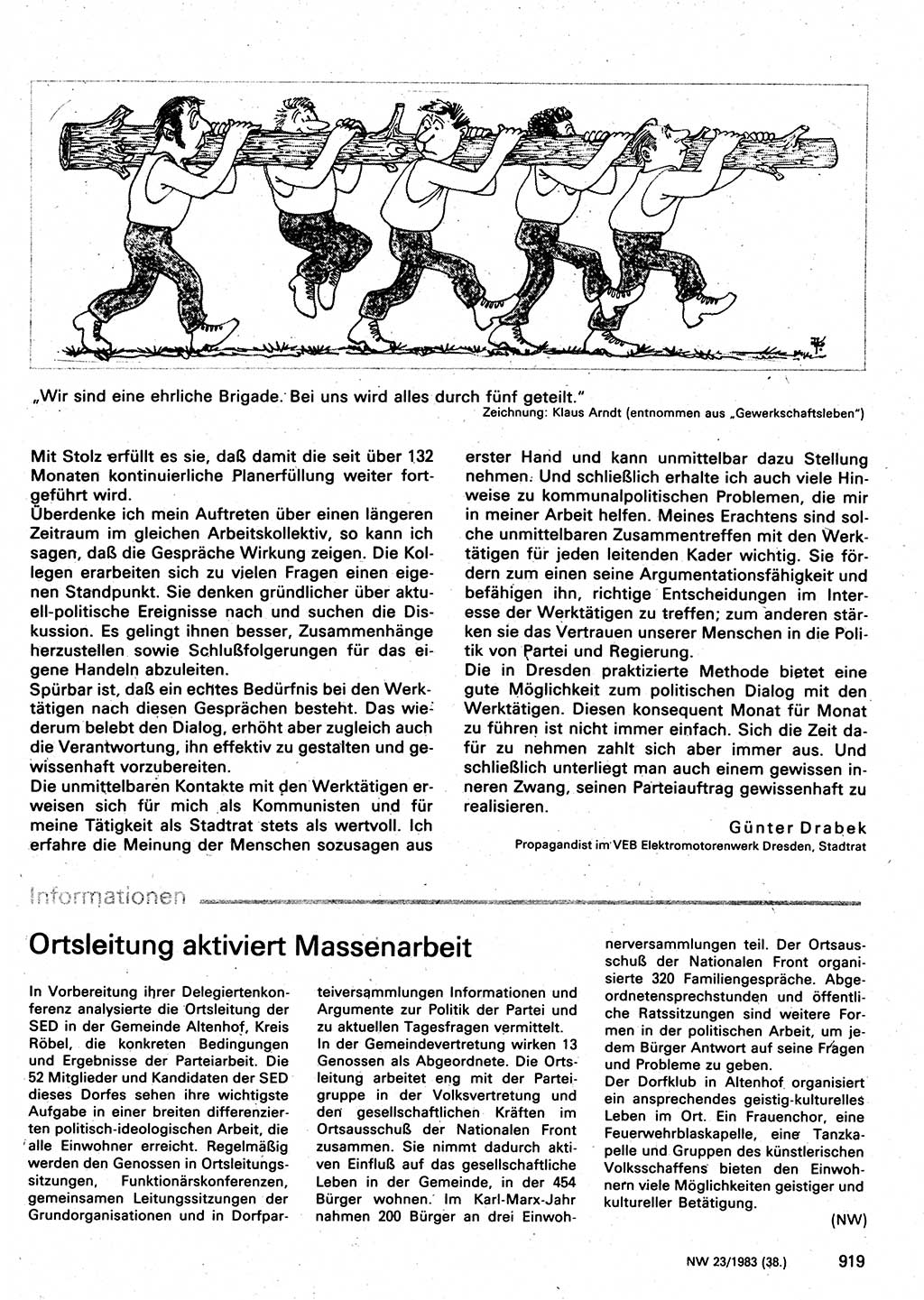 Neuer Weg (NW), Organ des Zentralkomitees (ZK) der SED (Sozialistische Einheitspartei Deutschlands) für Fragen des Parteilebens, 38. Jahrgang [Deutsche Demokratische Republik (DDR)] 1983, Seite 919 (NW ZK SED DDR 1983, S. 919)