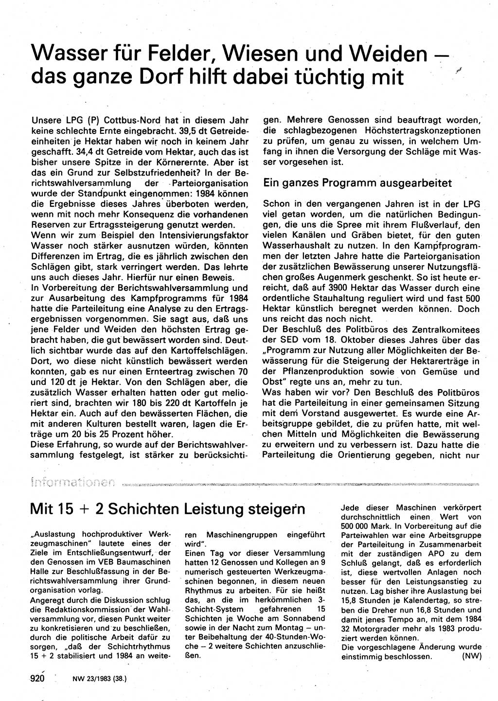 Neuer Weg (NW), Organ des Zentralkomitees (ZK) der SED (Sozialistische Einheitspartei Deutschlands) für Fragen des Parteilebens, 38. Jahrgang [Deutsche Demokratische Republik (DDR)] 1983, Seite 920 (NW ZK SED DDR 1983, S. 920)