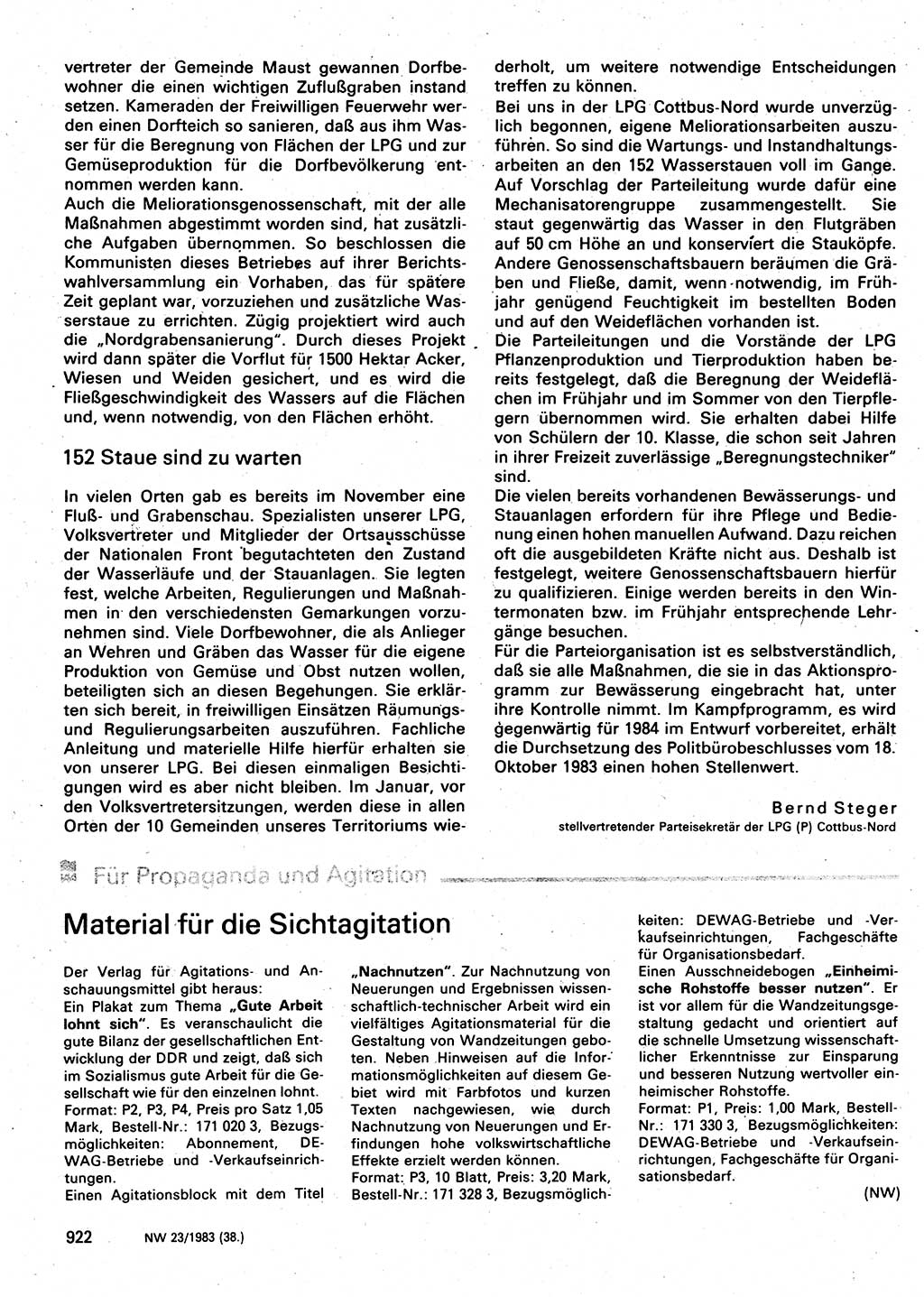 Neuer Weg (NW), Organ des Zentralkomitees (ZK) der SED (Sozialistische Einheitspartei Deutschlands) für Fragen des Parteilebens, 38. Jahrgang [Deutsche Demokratische Republik (DDR)] 1983, Seite 922 (NW ZK SED DDR 1983, S. 922)