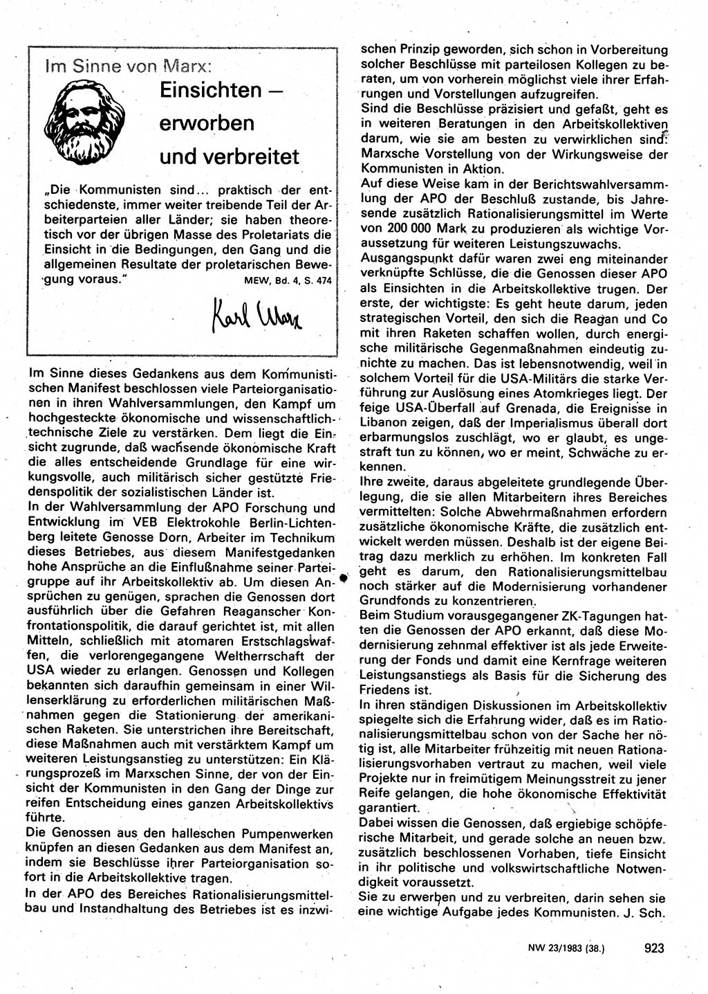 Neuer Weg (NW), Organ des Zentralkomitees (ZK) der SED (Sozialistische Einheitspartei Deutschlands) für Fragen des Parteilebens, 38. Jahrgang [Deutsche Demokratische Republik (DDR)] 1983, Seite 923 (NW ZK SED DDR 1983, S. 923)