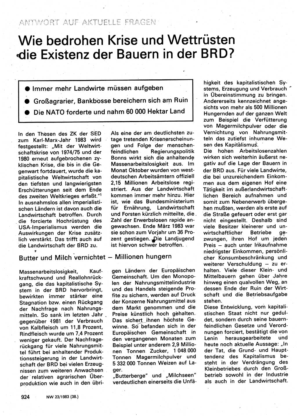 Neuer Weg (NW), Organ des Zentralkomitees (ZK) der SED (Sozialistische Einheitspartei Deutschlands) für Fragen des Parteilebens, 38. Jahrgang [Deutsche Demokratische Republik (DDR)] 1983, Seite 924 (NW ZK SED DDR 1983, S. 924)
