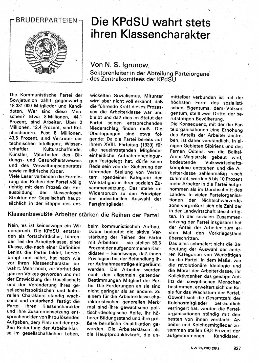 Neuer Weg (NW), Organ des Zentralkomitees (ZK) der SED (Sozialistische Einheitspartei Deutschlands) für Fragen des Parteilebens, 38. Jahrgang [Deutsche Demokratische Republik (DDR)] 1983, Seite 927 (NW ZK SED DDR 1983, S. 927)