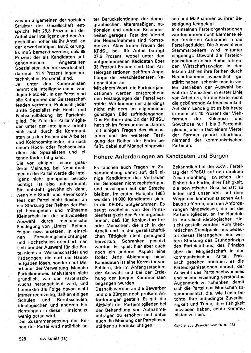Neuer Weg (NW), Organ des Zentralkomitees (ZK) der SED (Sozialistische Einheitspartei Deutschlands) für Fragen des Parteilebens, 38. Jahrgang [Deutsche Demokratische Republik (DDR)] 1983, Seite 928 (NW ZK SED DDR 1983, S. 928)