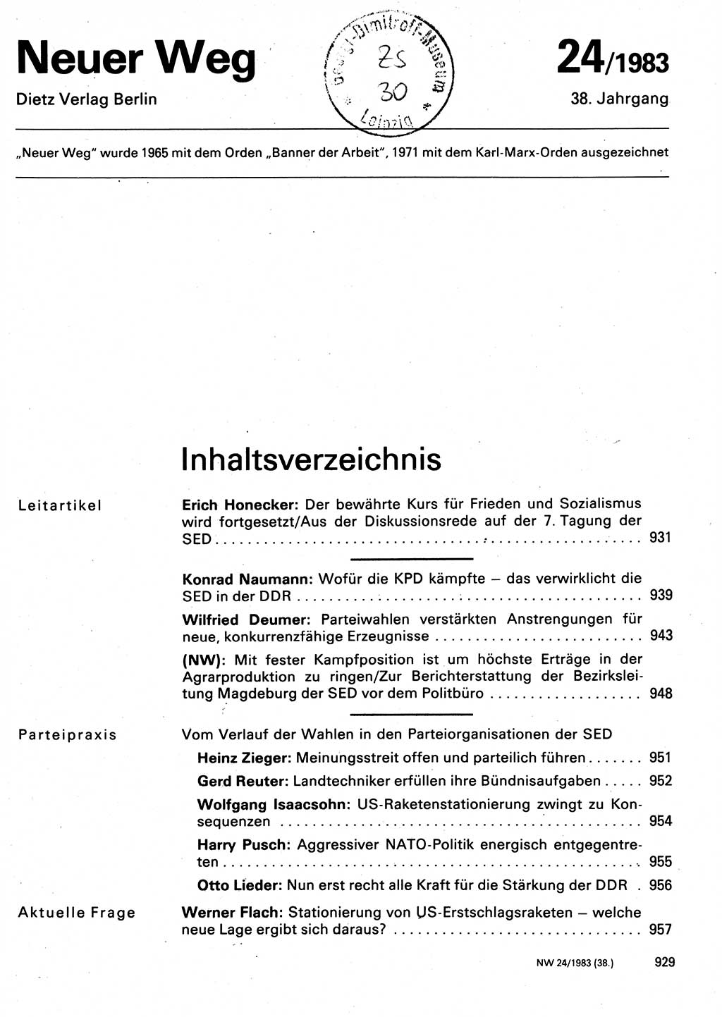 Neuer Weg (NW), Organ des Zentralkomitees (ZK) der SED (Sozialistische Einheitspartei Deutschlands) für Fragen des Parteilebens, 38. Jahrgang [Deutsche Demokratische Republik (DDR)] 1983, Seite 929 (NW ZK SED DDR 1983, S. 929)
