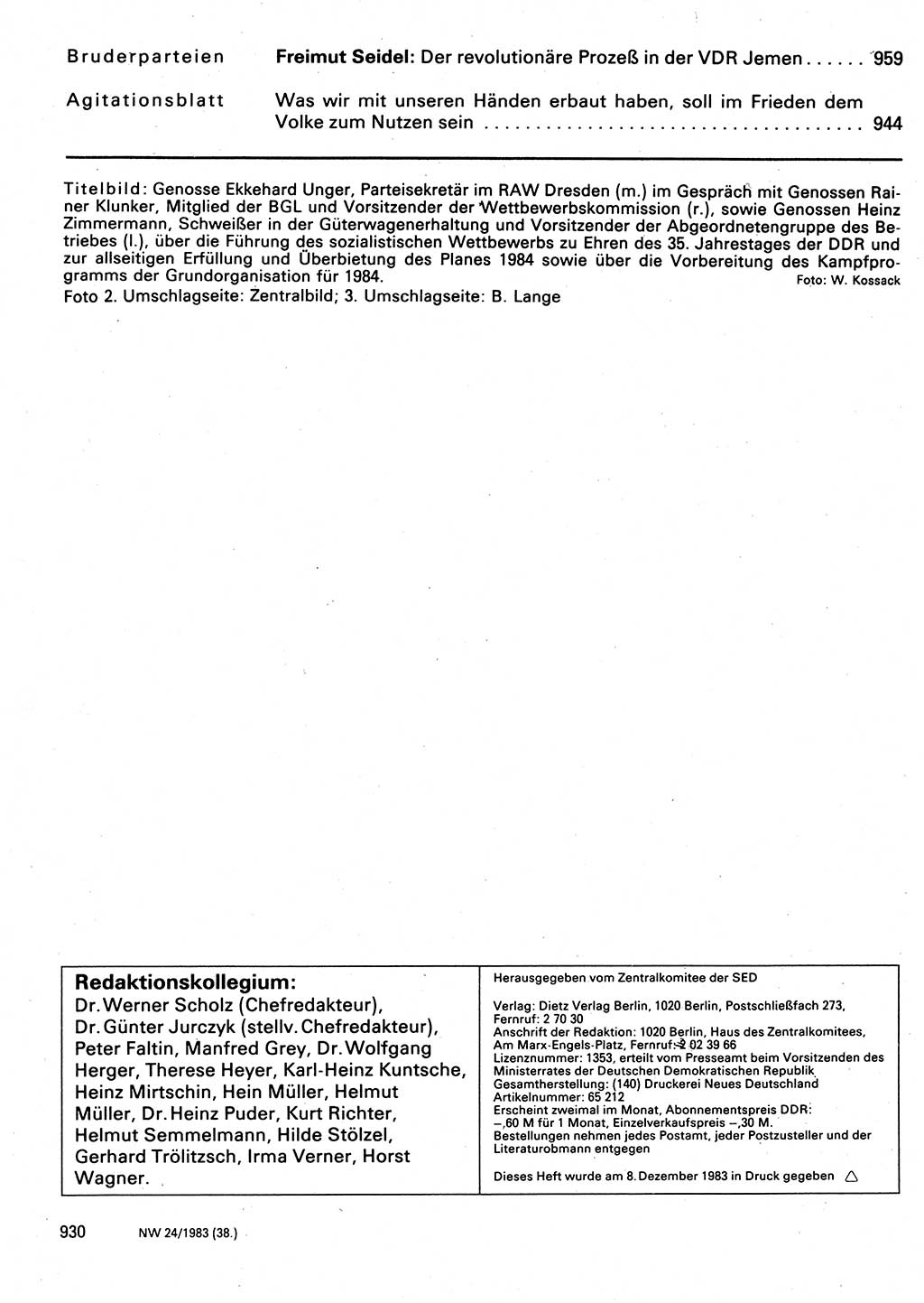 Neuer Weg (NW), Organ des Zentralkomitees (ZK) der SED (Sozialistische Einheitspartei Deutschlands) für Fragen des Parteilebens, 38. Jahrgang [Deutsche Demokratische Republik (DDR)] 1983, Seite 930 (NW ZK SED DDR 1983, S. 930)