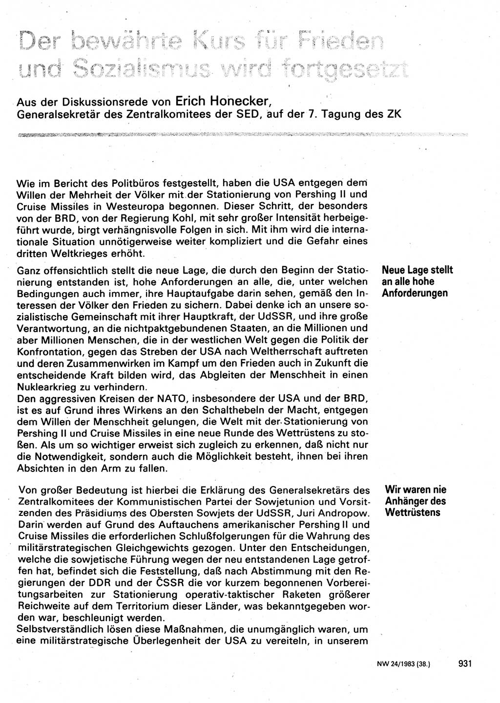 Neuer Weg (NW), Organ des Zentralkomitees (ZK) der SED (Sozialistische Einheitspartei Deutschlands) für Fragen des Parteilebens, 38. Jahrgang [Deutsche Demokratische Republik (DDR)] 1983, Seite 931 (NW ZK SED DDR 1983, S. 931)