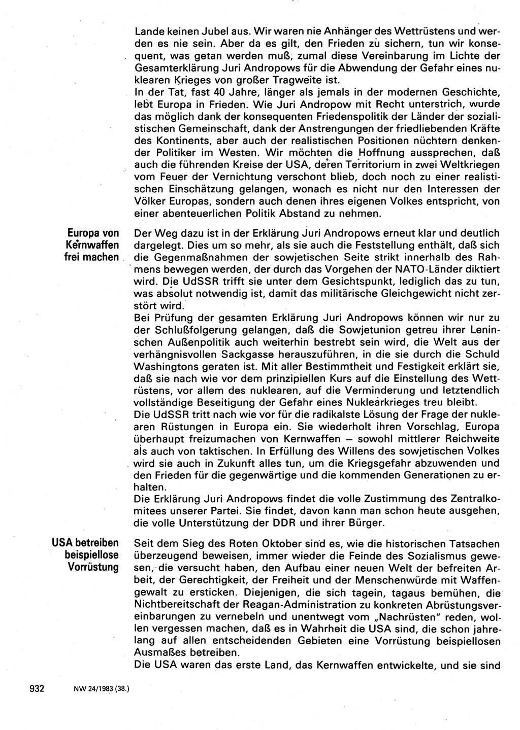 Neuer Weg (NW), Organ des Zentralkomitees (ZK) der SED (Sozialistische Einheitspartei Deutschlands) für Fragen des Parteilebens, 38. Jahrgang [Deutsche Demokratische Republik (DDR)] 1983, Seite 932 (NW ZK SED DDR 1983, S. 932)