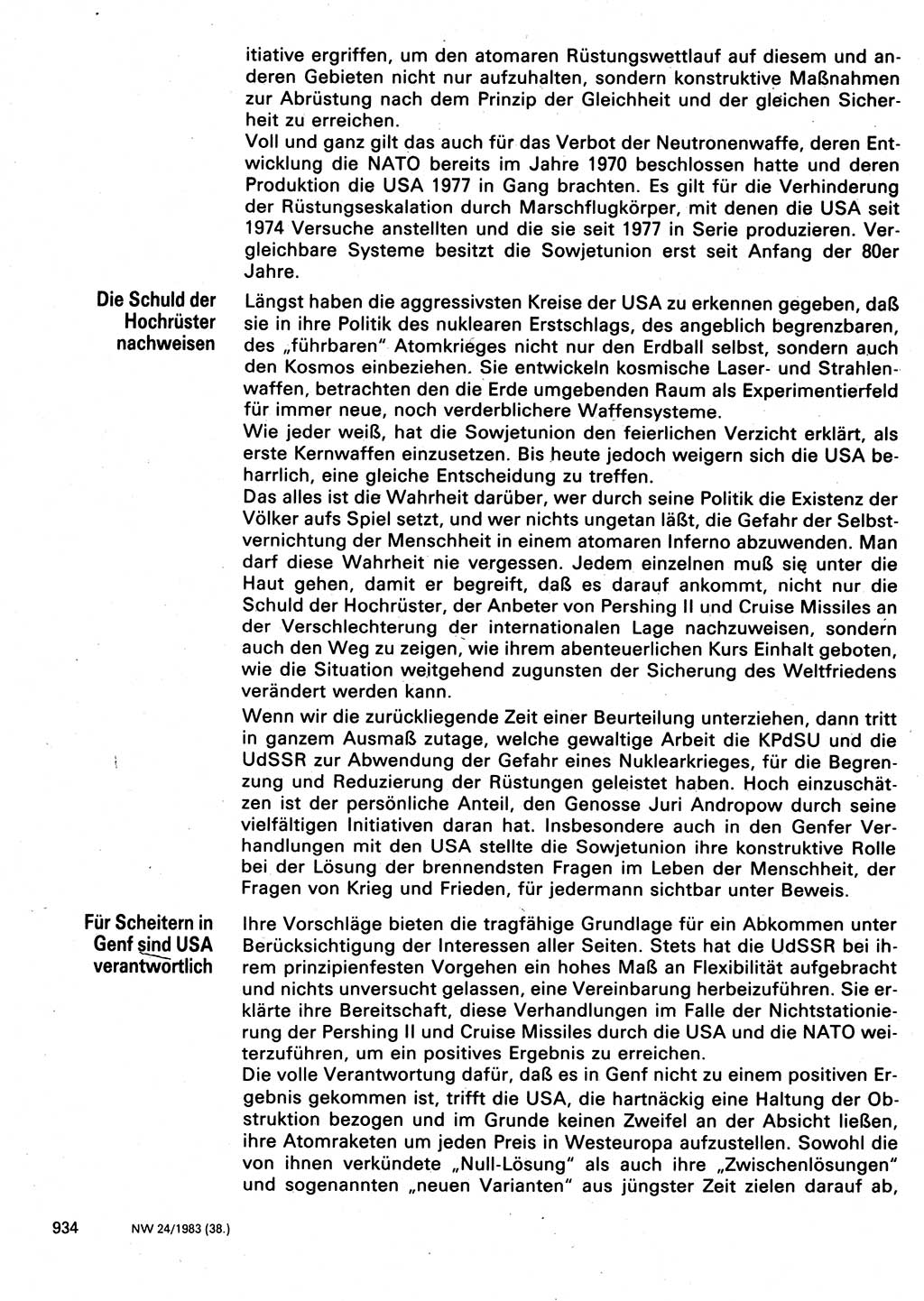 Neuer Weg (NW), Organ des Zentralkomitees (ZK) der SED (Sozialistische Einheitspartei Deutschlands) für Fragen des Parteilebens, 38. Jahrgang [Deutsche Demokratische Republik (DDR)] 1983, Seite 934 (NW ZK SED DDR 1983, S. 934)