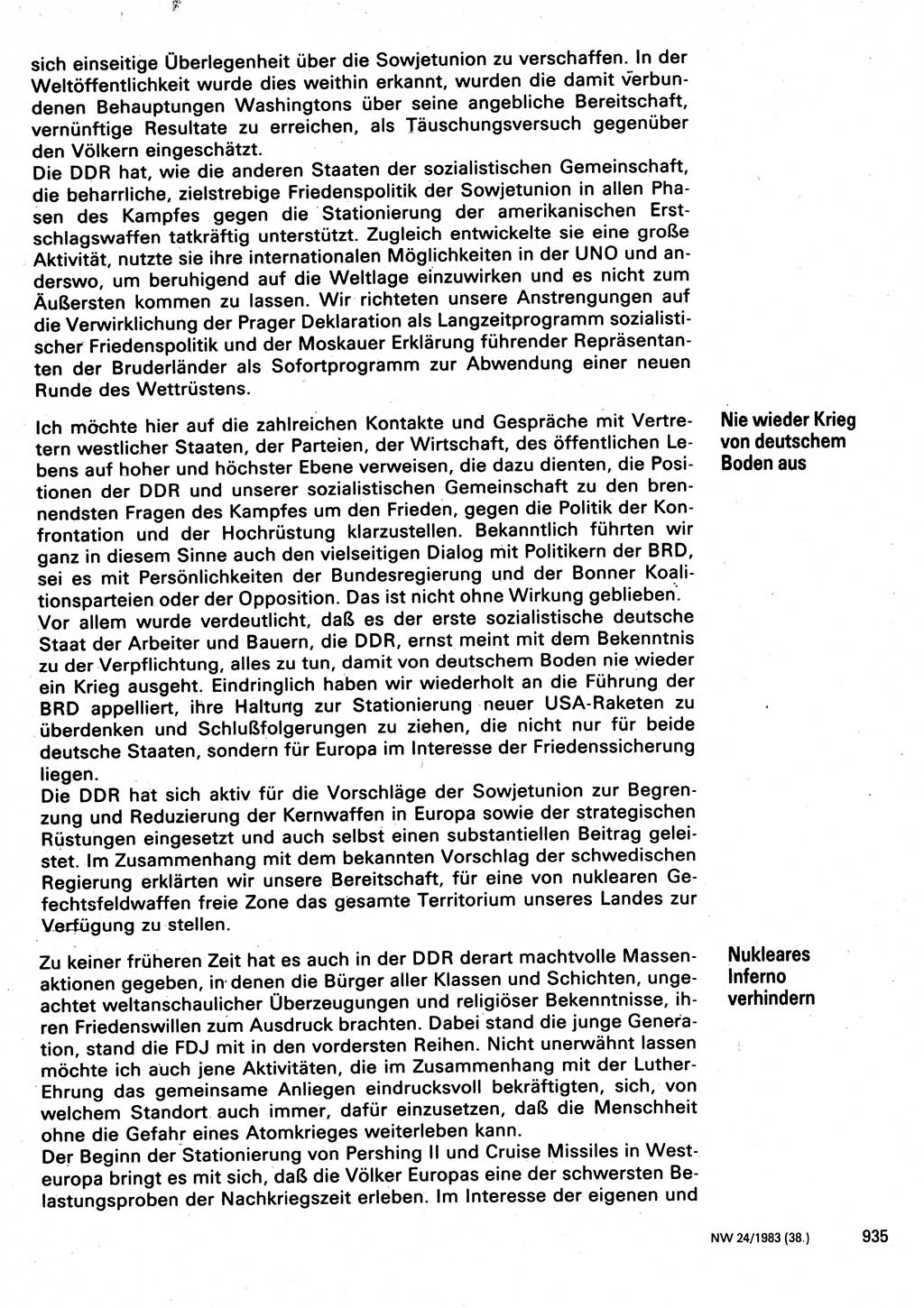 Neuer Weg (NW), Organ des Zentralkomitees (ZK) der SED (Sozialistische Einheitspartei Deutschlands) für Fragen des Parteilebens, 38. Jahrgang [Deutsche Demokratische Republik (DDR)] 1983, Seite 935 (NW ZK SED DDR 1983, S. 935)