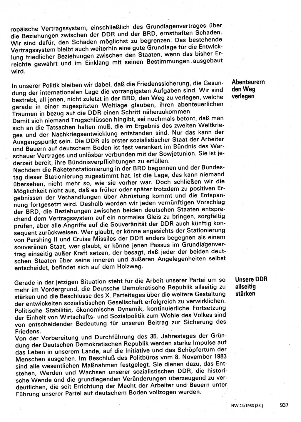 Neuer Weg (NW), Organ des Zentralkomitees (ZK) der SED (Sozialistische Einheitspartei Deutschlands) für Fragen des Parteilebens, 38. Jahrgang [Deutsche Demokratische Republik (DDR)] 1983, Seite 937 (NW ZK SED DDR 1983, S. 937)