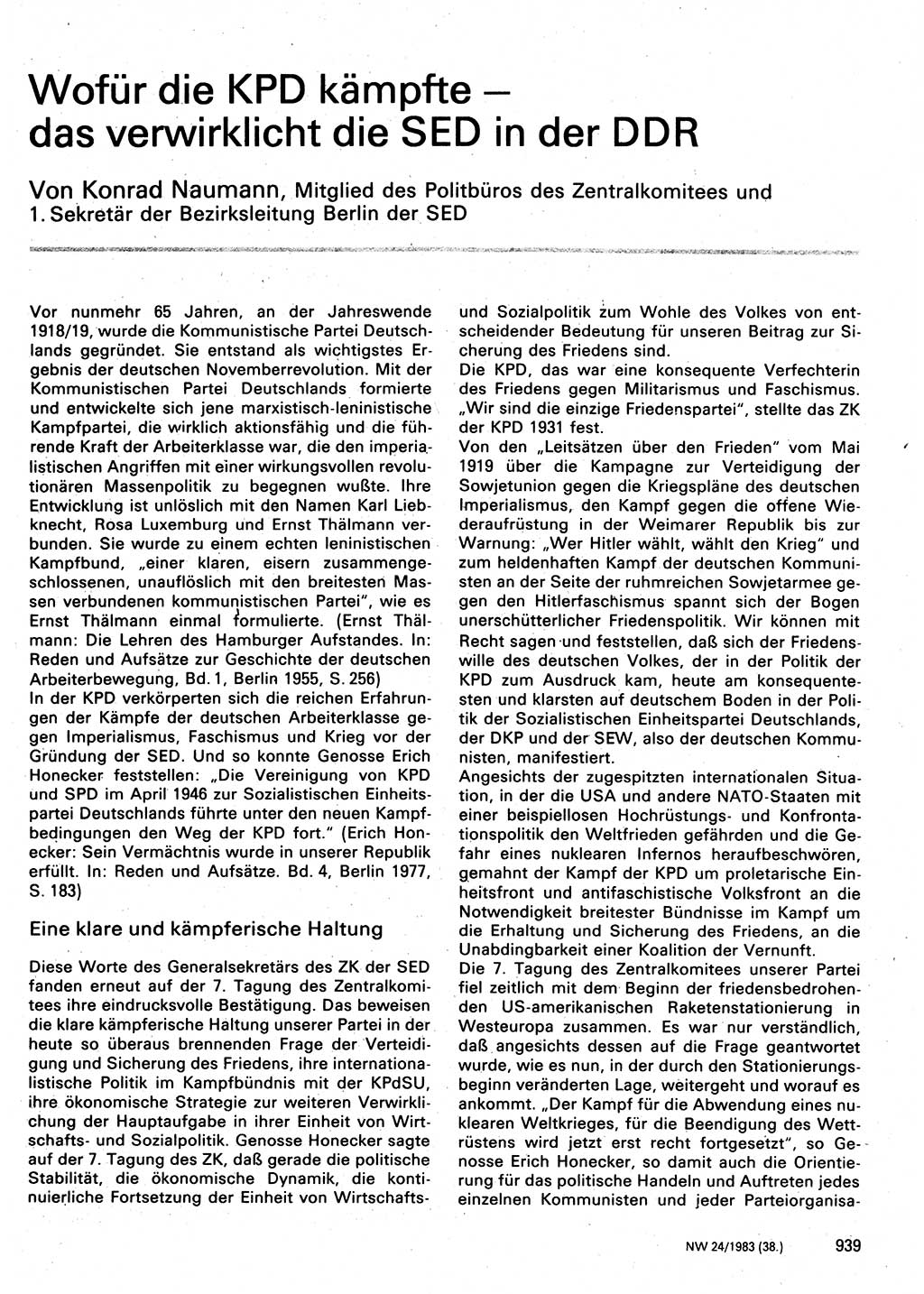 Neuer Weg (NW), Organ des Zentralkomitees (ZK) der SED (Sozialistische Einheitspartei Deutschlands) für Fragen des Parteilebens, 38. Jahrgang [Deutsche Demokratische Republik (DDR)] 1983, Seite 939 (NW ZK SED DDR 1983, S. 939)