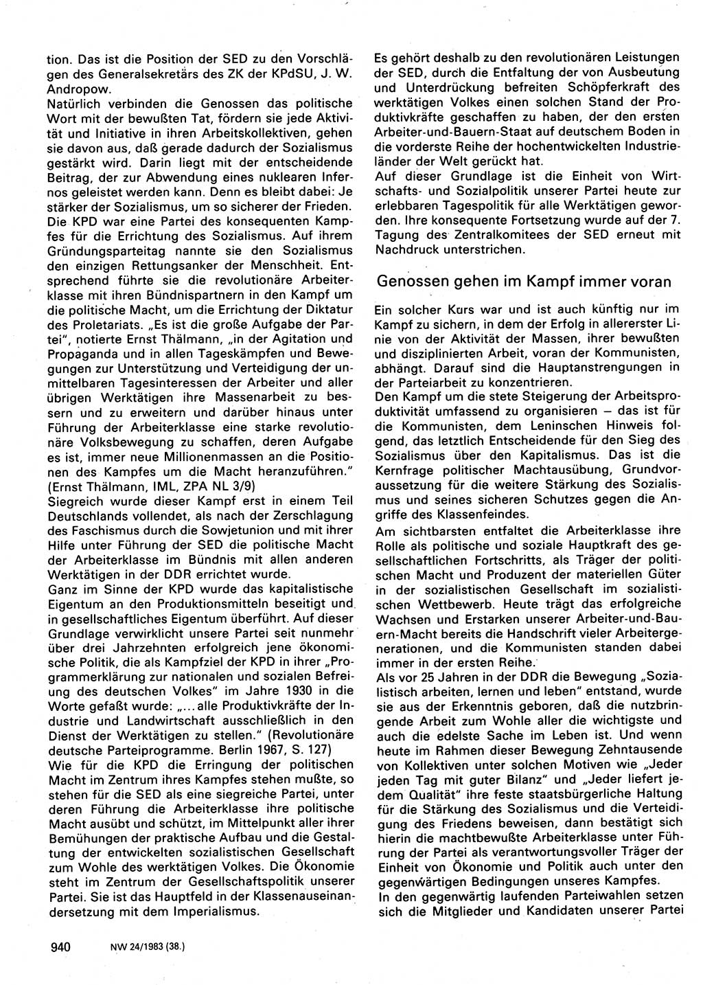 Neuer Weg (NW), Organ des Zentralkomitees (ZK) der SED (Sozialistische Einheitspartei Deutschlands) für Fragen des Parteilebens, 38. Jahrgang [Deutsche Demokratische Republik (DDR)] 1983, Seite 940 (NW ZK SED DDR 1983, S. 940)