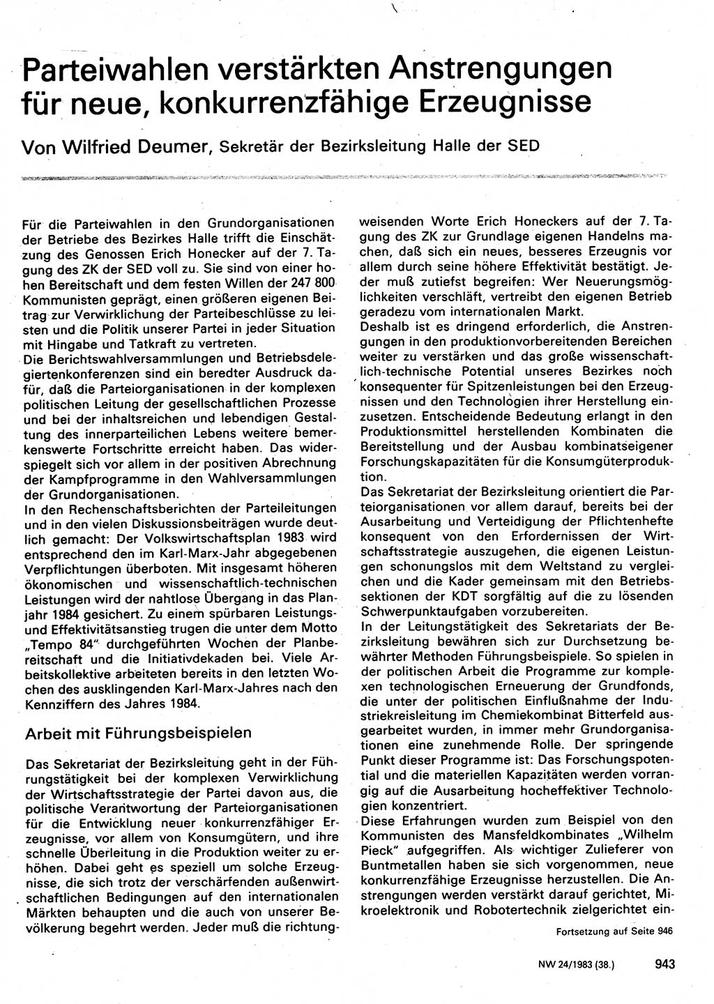 Neuer Weg (NW), Organ des Zentralkomitees (ZK) der SED (Sozialistische Einheitspartei Deutschlands) für Fragen des Parteilebens, 38. Jahrgang [Deutsche Demokratische Republik (DDR)] 1983, Seite 943 (NW ZK SED DDR 1983, S. 943)