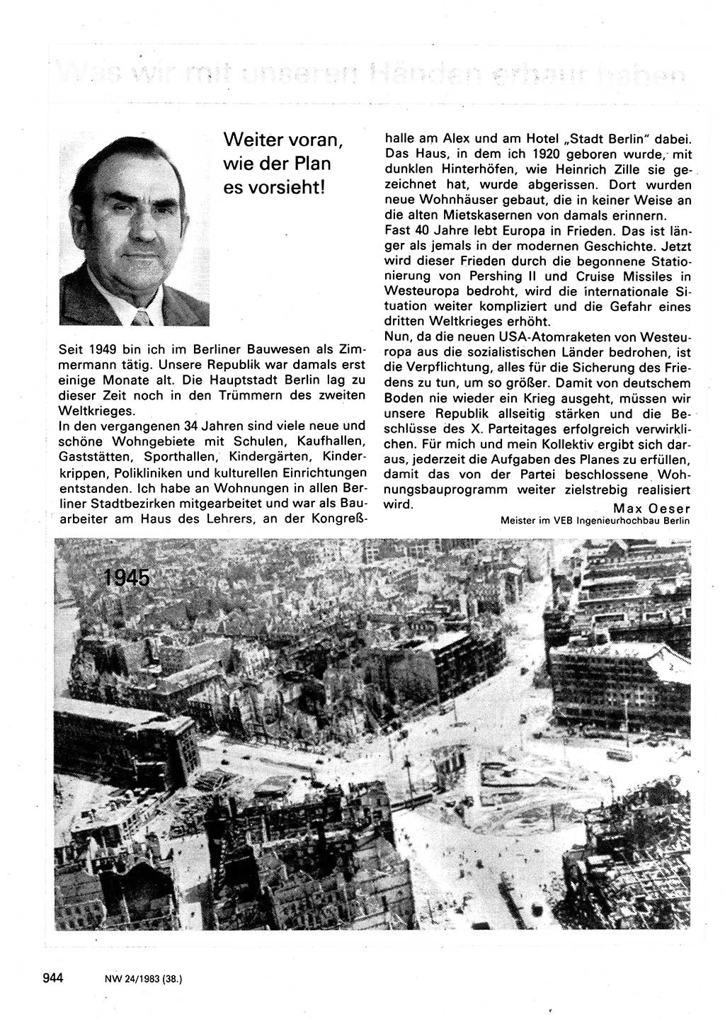 Neuer Weg (NW), Organ des Zentralkomitees (ZK) der SED (Sozialistische Einheitspartei Deutschlands) für Fragen des Parteilebens, 38. Jahrgang [Deutsche Demokratische Republik (DDR)] 1983, Seite 944 (NW ZK SED DDR 1983, S. 944)