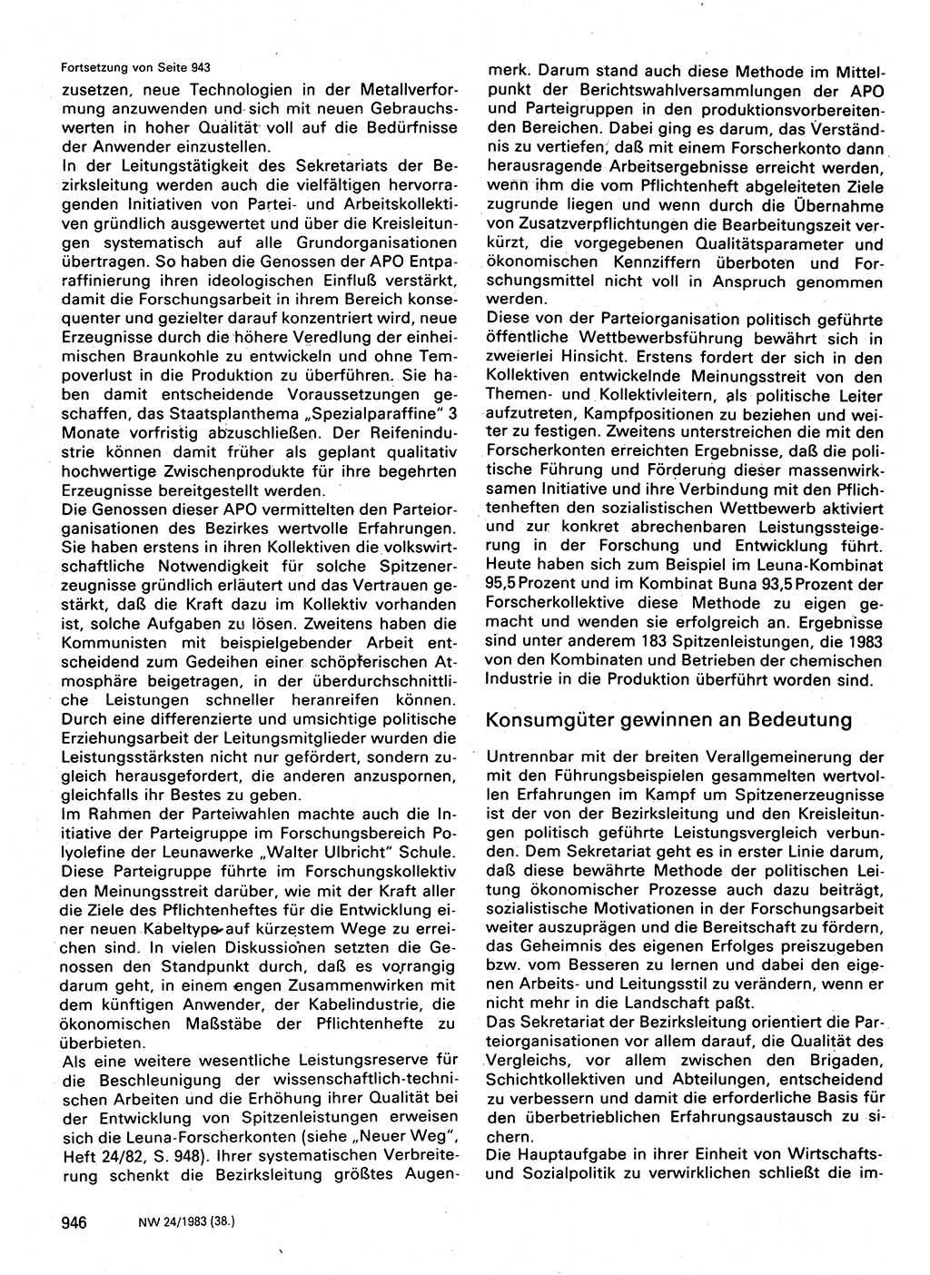 Neuer Weg (NW), Organ des Zentralkomitees (ZK) der SED (Sozialistische Einheitspartei Deutschlands) für Fragen des Parteilebens, 38. Jahrgang [Deutsche Demokratische Republik (DDR)] 1983, Seite 946 (NW ZK SED DDR 1983, S. 946)