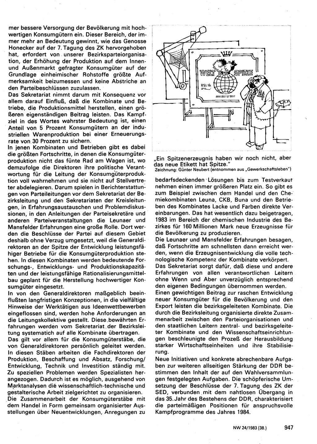 Neuer Weg (NW), Organ des Zentralkomitees (ZK) der SED (Sozialistische Einheitspartei Deutschlands) für Fragen des Parteilebens, 38. Jahrgang [Deutsche Demokratische Republik (DDR)] 1983, Seite 947 (NW ZK SED DDR 1983, S. 947)