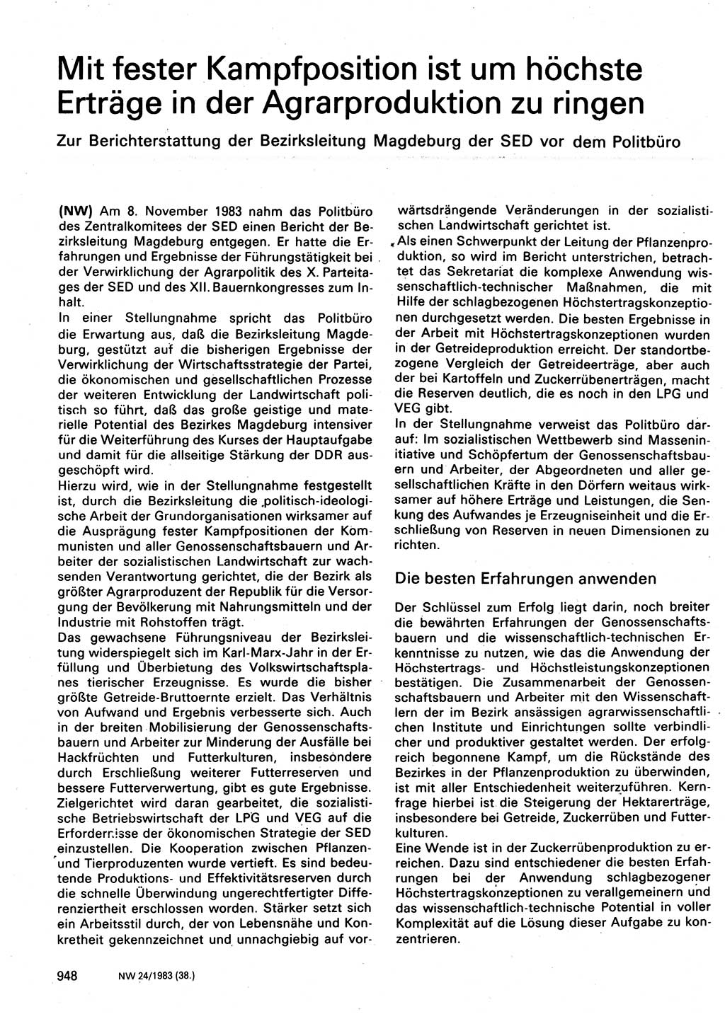Neuer Weg (NW), Organ des Zentralkomitees (ZK) der SED (Sozialistische Einheitspartei Deutschlands) für Fragen des Parteilebens, 38. Jahrgang [Deutsche Demokratische Republik (DDR)] 1983, Seite 948 (NW ZK SED DDR 1983, S. 948)