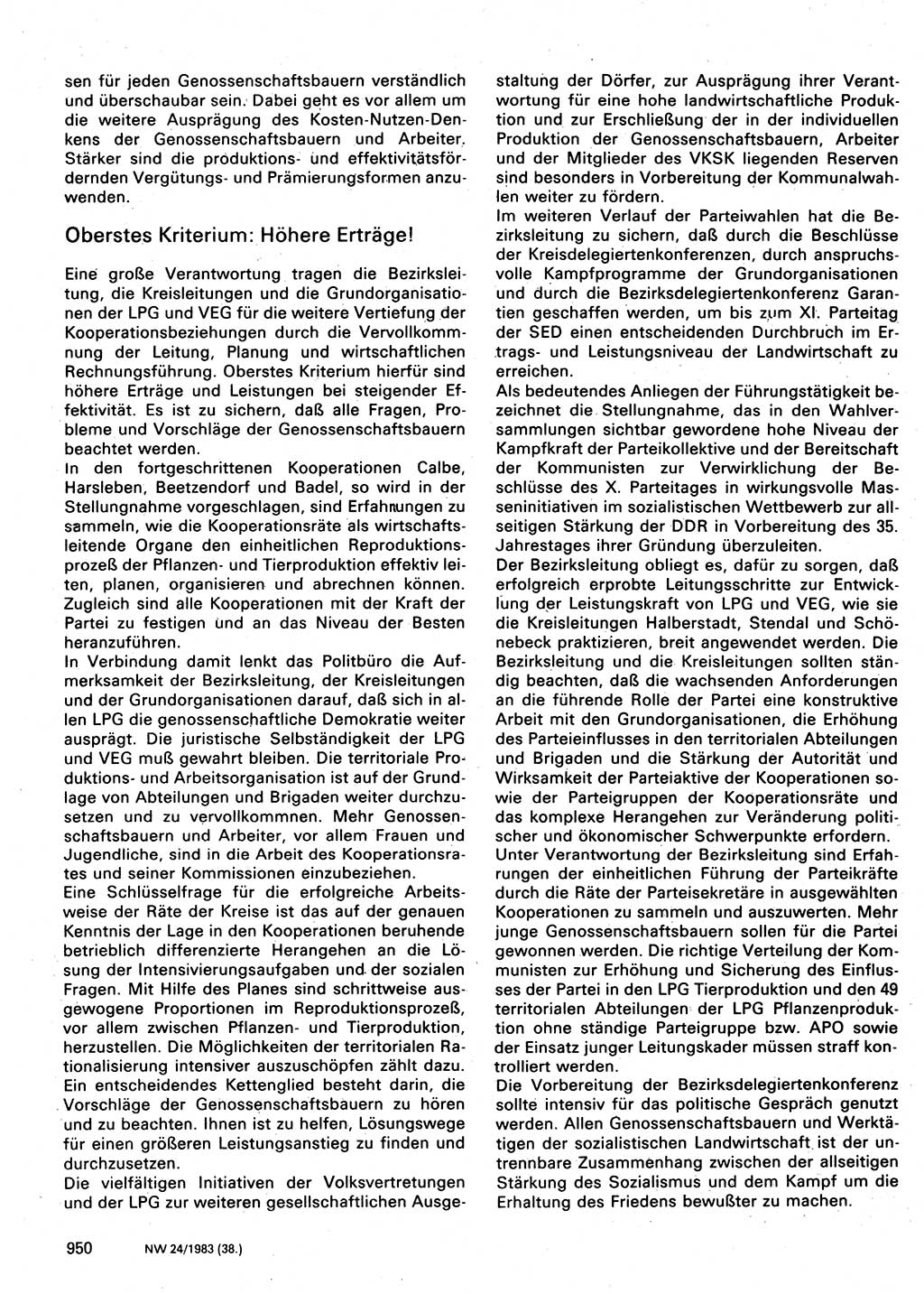 Neuer Weg (NW), Organ des Zentralkomitees (ZK) der SED (Sozialistische Einheitspartei Deutschlands) für Fragen des Parteilebens, 38. Jahrgang [Deutsche Demokratische Republik (DDR)] 1983, Seite 950 (NW ZK SED DDR 1983, S. 950)