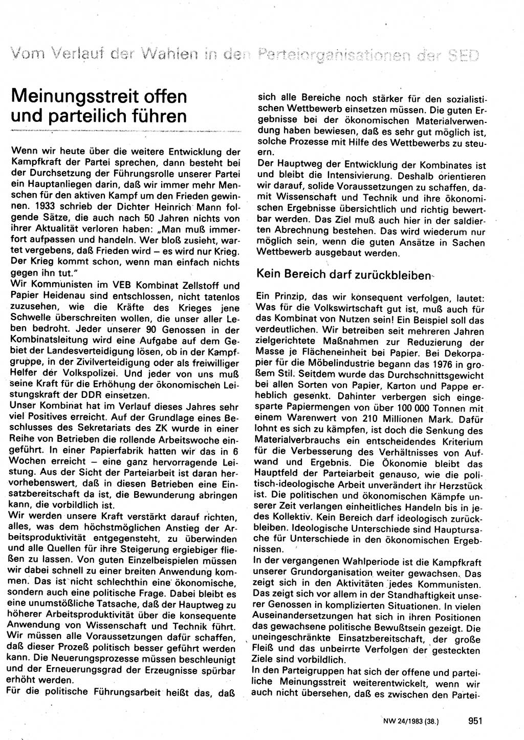 Neuer Weg (NW), Organ des Zentralkomitees (ZK) der SED (Sozialistische Einheitspartei Deutschlands) für Fragen des Parteilebens, 38. Jahrgang [Deutsche Demokratische Republik (DDR)] 1983, Seite 951 (NW ZK SED DDR 1983, S. 951)