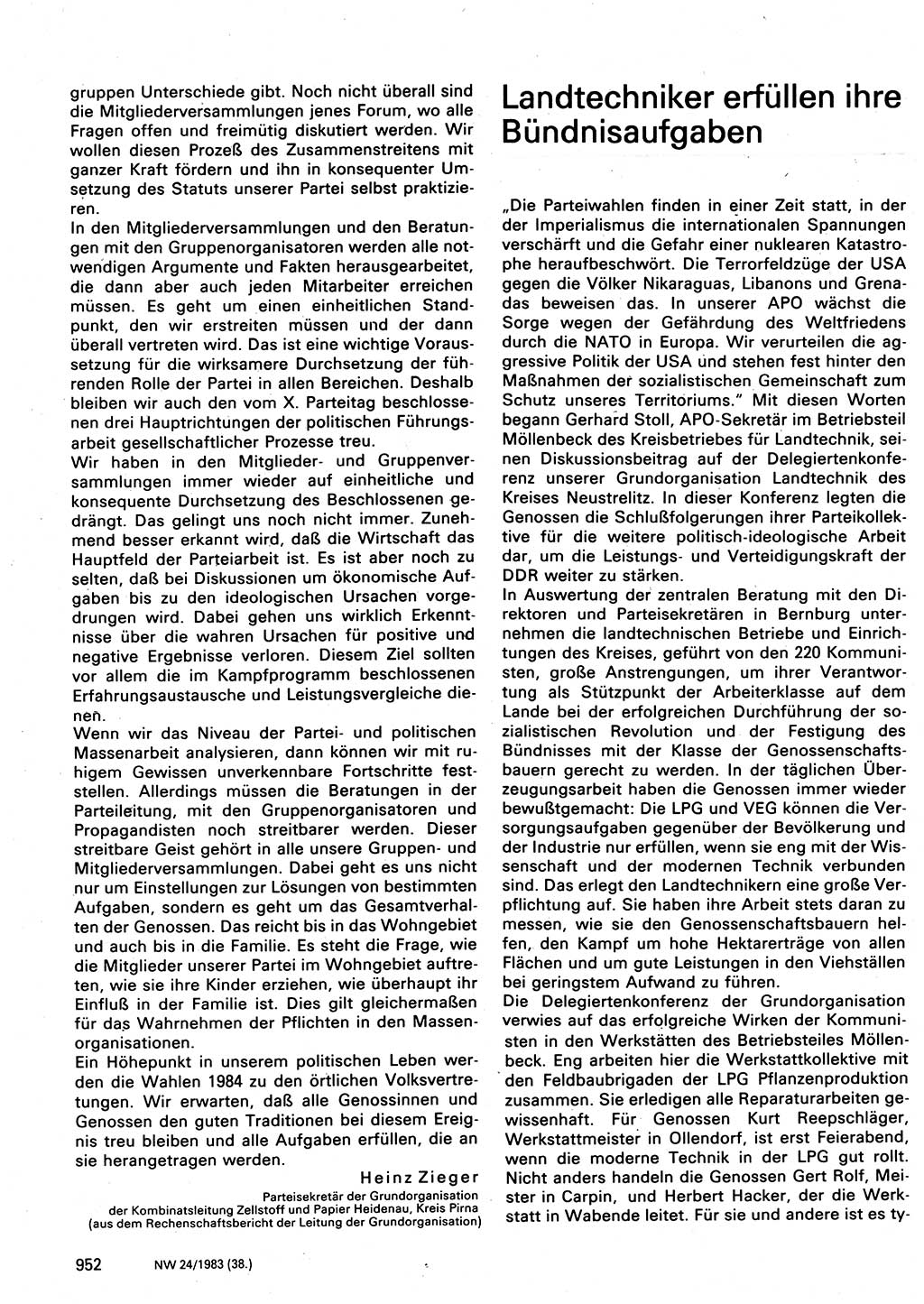 Neuer Weg (NW), Organ des Zentralkomitees (ZK) der SED (Sozialistische Einheitspartei Deutschlands) für Fragen des Parteilebens, 38. Jahrgang [Deutsche Demokratische Republik (DDR)] 1983, Seite 952 (NW ZK SED DDR 1983, S. 952)
