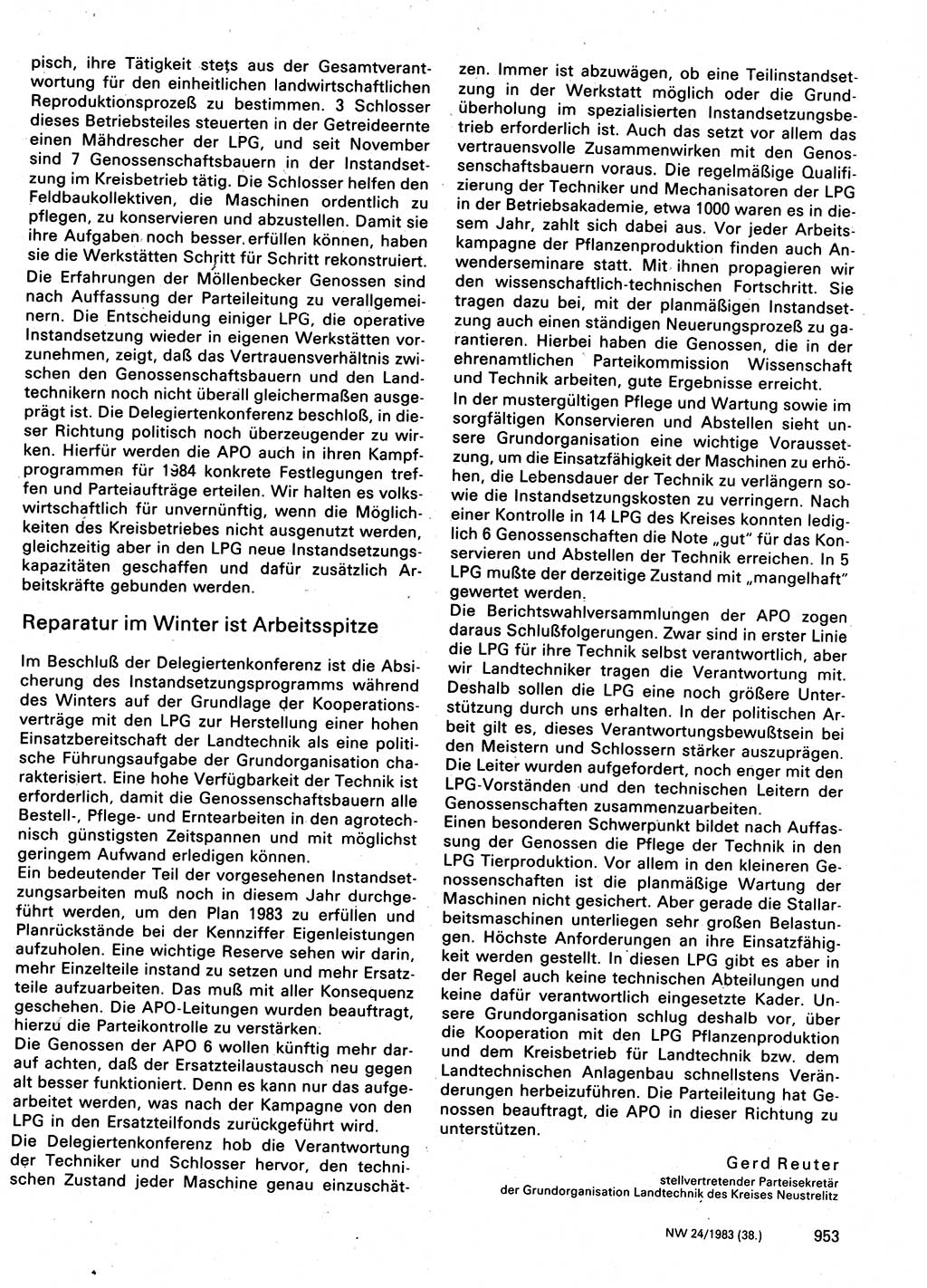 Neuer Weg (NW), Organ des Zentralkomitees (ZK) der SED (Sozialistische Einheitspartei Deutschlands) für Fragen des Parteilebens, 38. Jahrgang [Deutsche Demokratische Republik (DDR)] 1983, Seite 953 (NW ZK SED DDR 1983, S. 953)