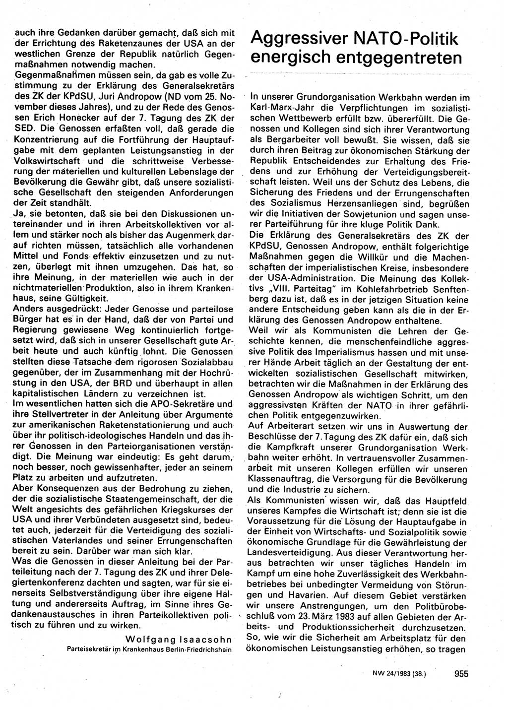 Neuer Weg (NW), Organ des Zentralkomitees (ZK) der SED (Sozialistische Einheitspartei Deutschlands) für Fragen des Parteilebens, 38. Jahrgang [Deutsche Demokratische Republik (DDR)] 1983, Seite 955 (NW ZK SED DDR 1983, S. 955)
