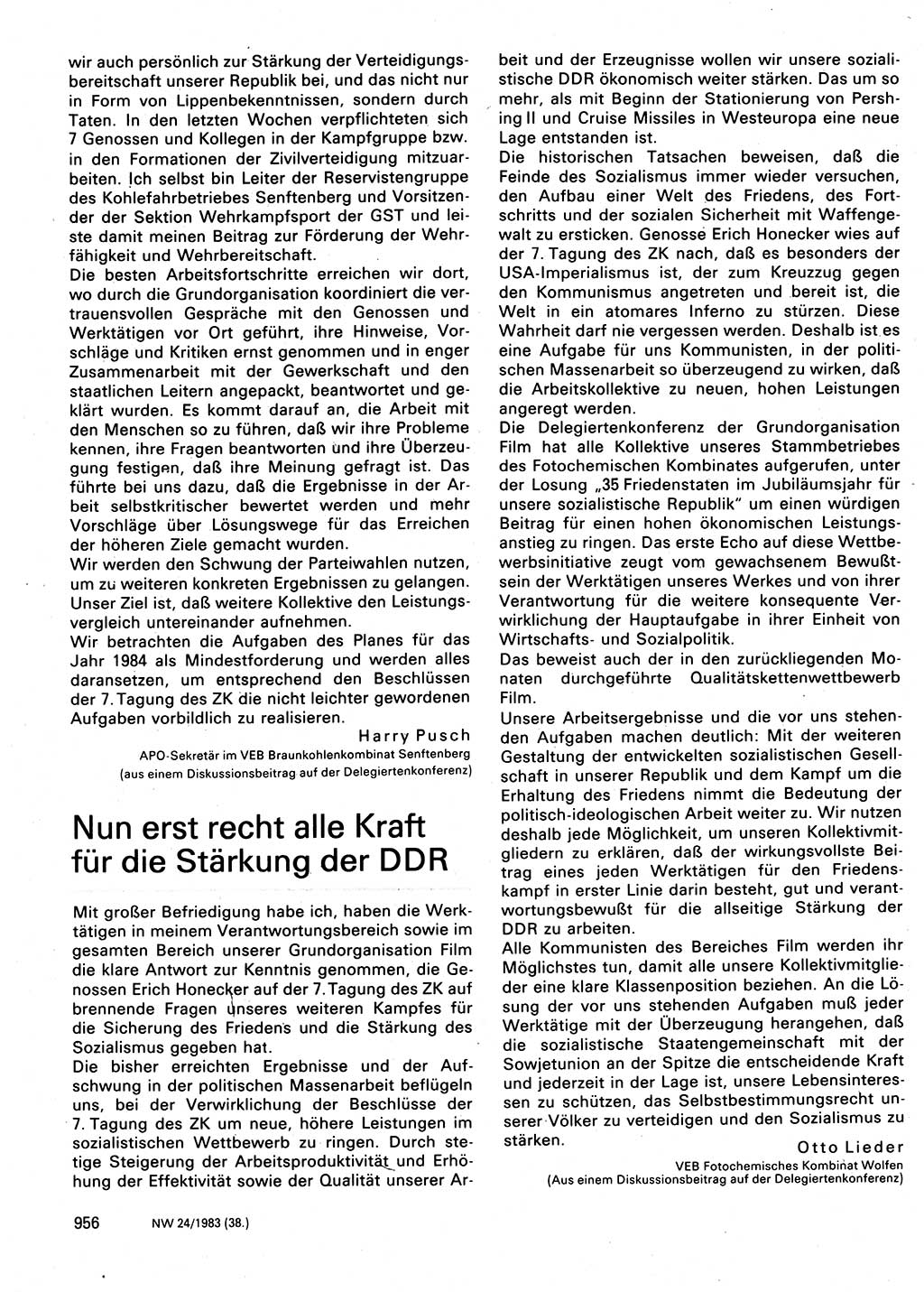 Neuer Weg (NW), Organ des Zentralkomitees (ZK) der SED (Sozialistische Einheitspartei Deutschlands) für Fragen des Parteilebens, 38. Jahrgang [Deutsche Demokratische Republik (DDR)] 1983, Seite 956 (NW ZK SED DDR 1983, S. 956)