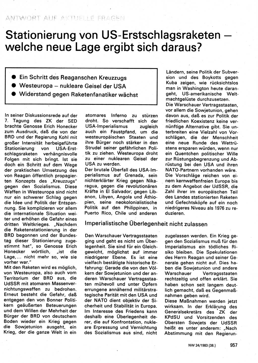 Neuer Weg (NW), Organ des Zentralkomitees (ZK) der SED (Sozialistische Einheitspartei Deutschlands) für Fragen des Parteilebens, 38. Jahrgang [Deutsche Demokratische Republik (DDR)] 1983, Seite 957 (NW ZK SED DDR 1983, S. 957)