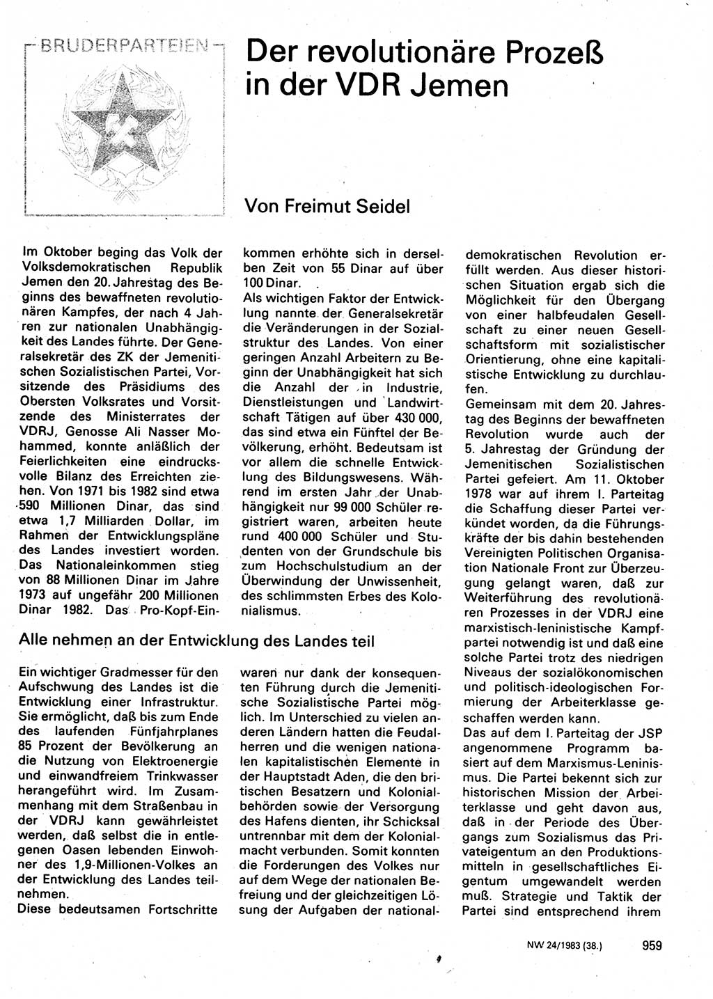 Neuer Weg (NW), Organ des Zentralkomitees (ZK) der SED (Sozialistische Einheitspartei Deutschlands) für Fragen des Parteilebens, 38. Jahrgang [Deutsche Demokratische Republik (DDR)] 1983, Seite 959 (NW ZK SED DDR 1983, S. 959)