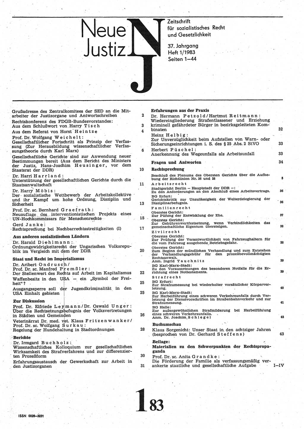 Neue Justiz (NJ), Zeitschrift für sozialistisches Recht und Gesetzlichkeit [Deutsche Demokratische Republik (DDR)], 37. Jahrgang 1983, Seite 1 (NJ DDR 1983, S. 1)