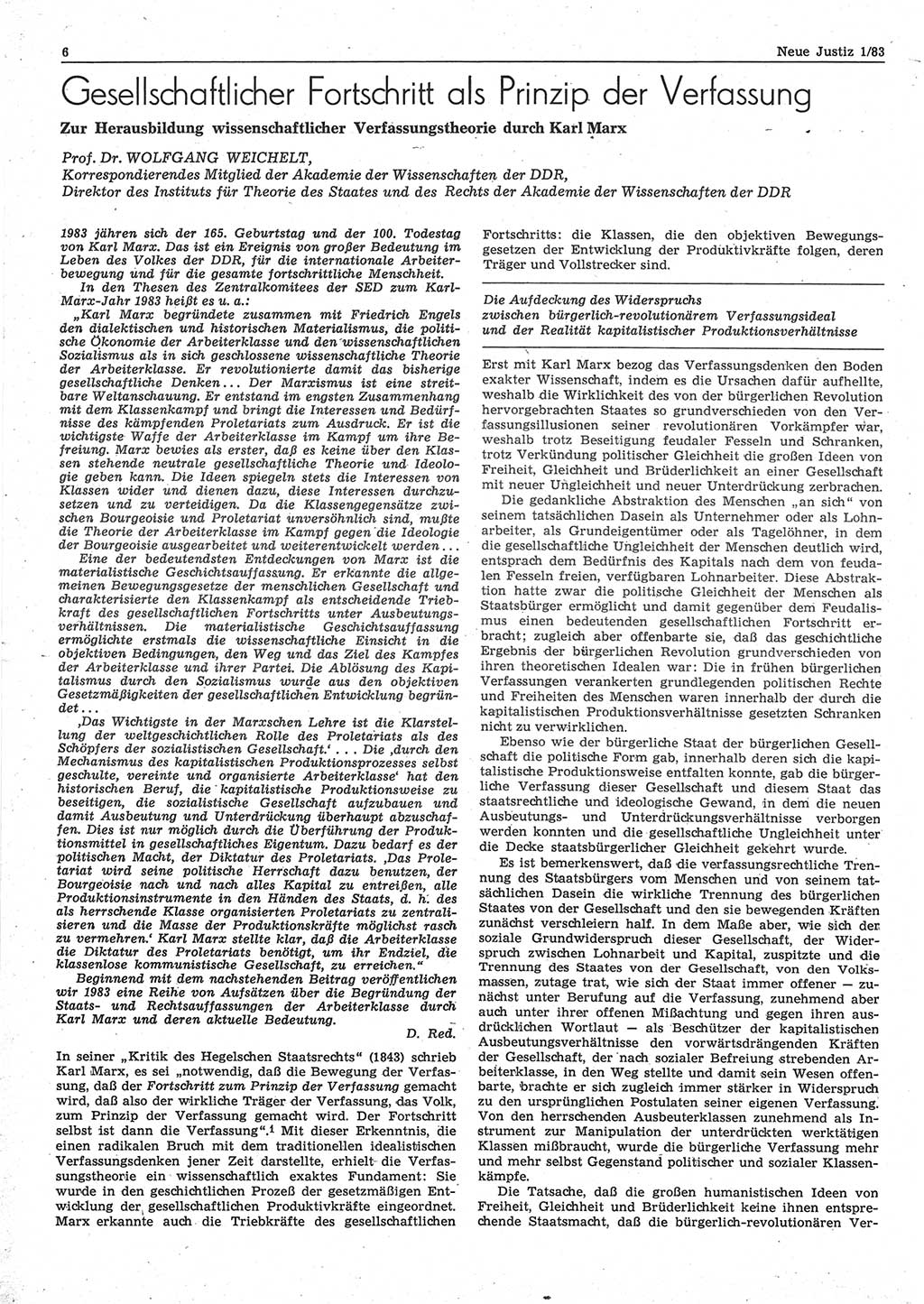 Neue Justiz (NJ), Zeitschrift für sozialistisches Recht und Gesetzlichkeit [Deutsche Demokratische Republik (DDR)], 37. Jahrgang 1983, Seite 6 (NJ DDR 1983, S. 6)