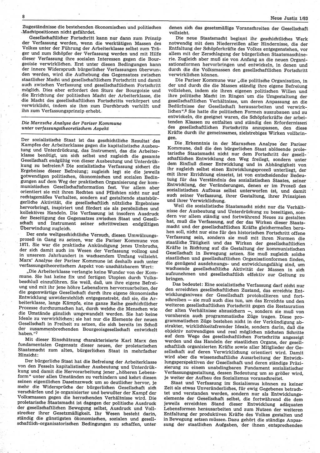 Neue Justiz (NJ), Zeitschrift für sozialistisches Recht und Gesetzlichkeit [Deutsche Demokratische Republik (DDR)], 37. Jahrgang 1983, Seite 8 (NJ DDR 1983, S. 8)