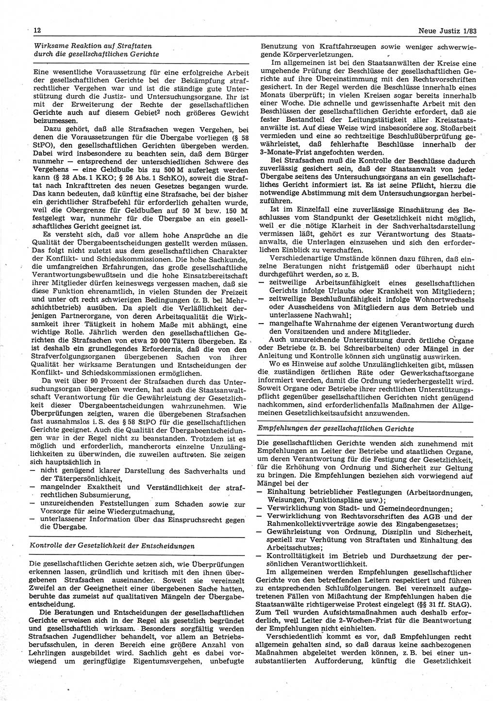 Neue Justiz (NJ), Zeitschrift für sozialistisches Recht und Gesetzlichkeit [Deutsche Demokratische Republik (DDR)], 37. Jahrgang 1983, Seite 12 (NJ DDR 1983, S. 12)