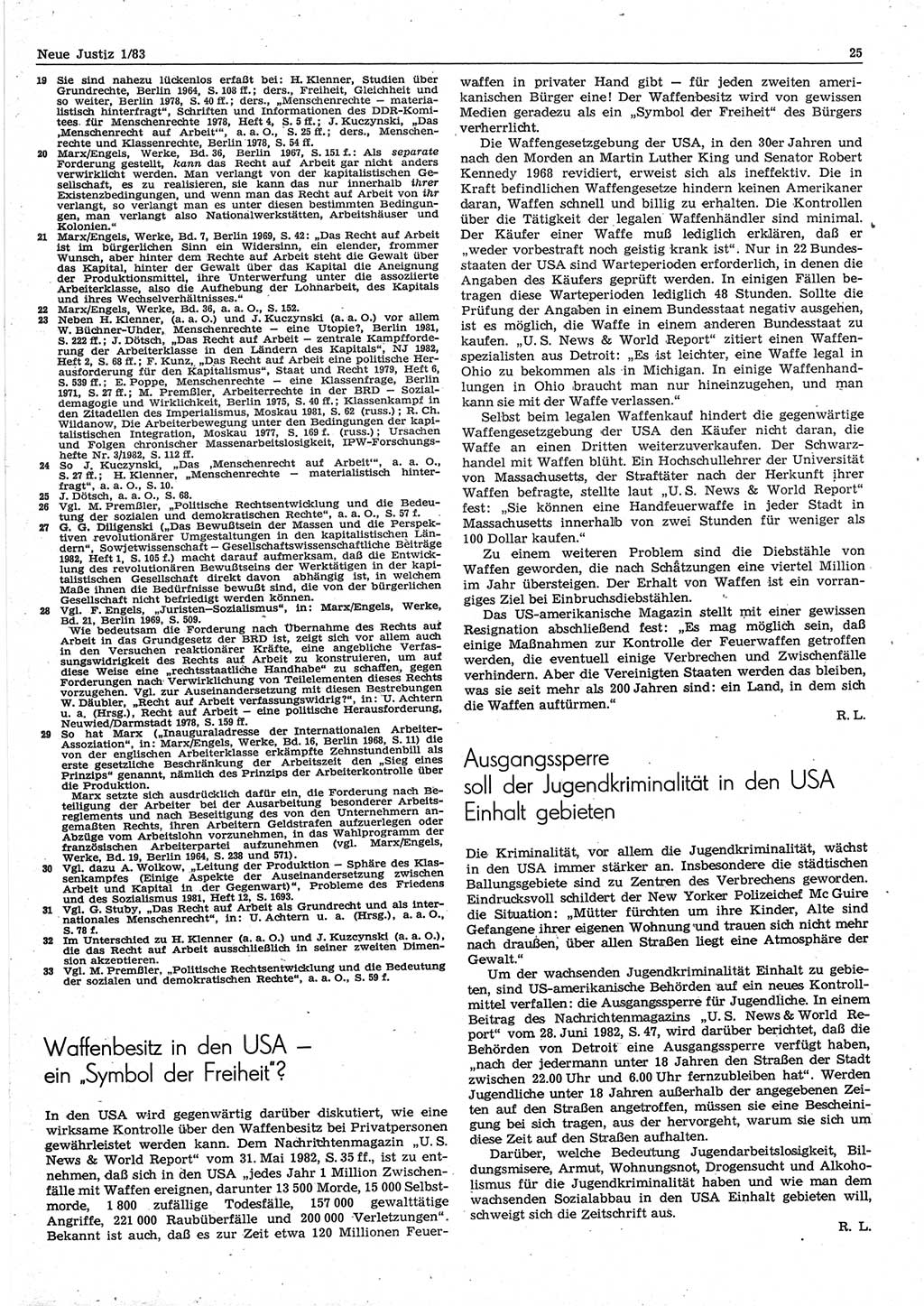 Neue Justiz (NJ), Zeitschrift für sozialistisches Recht und Gesetzlichkeit [Deutsche Demokratische Republik (DDR)], 37. Jahrgang 1983, Seite 25 (NJ DDR 1983, S. 25)
