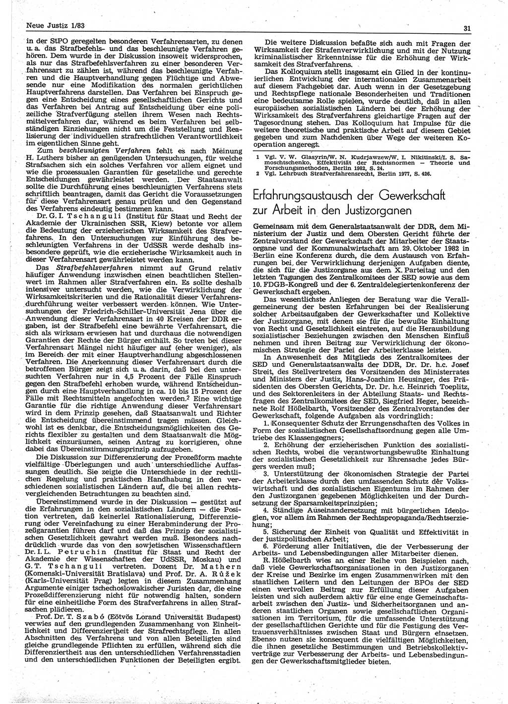 Neue Justiz (NJ), Zeitschrift für sozialistisches Recht und Gesetzlichkeit [Deutsche Demokratische Republik (DDR)], 37. Jahrgang 1983, Seite 31 (NJ DDR 1983, S. 31)