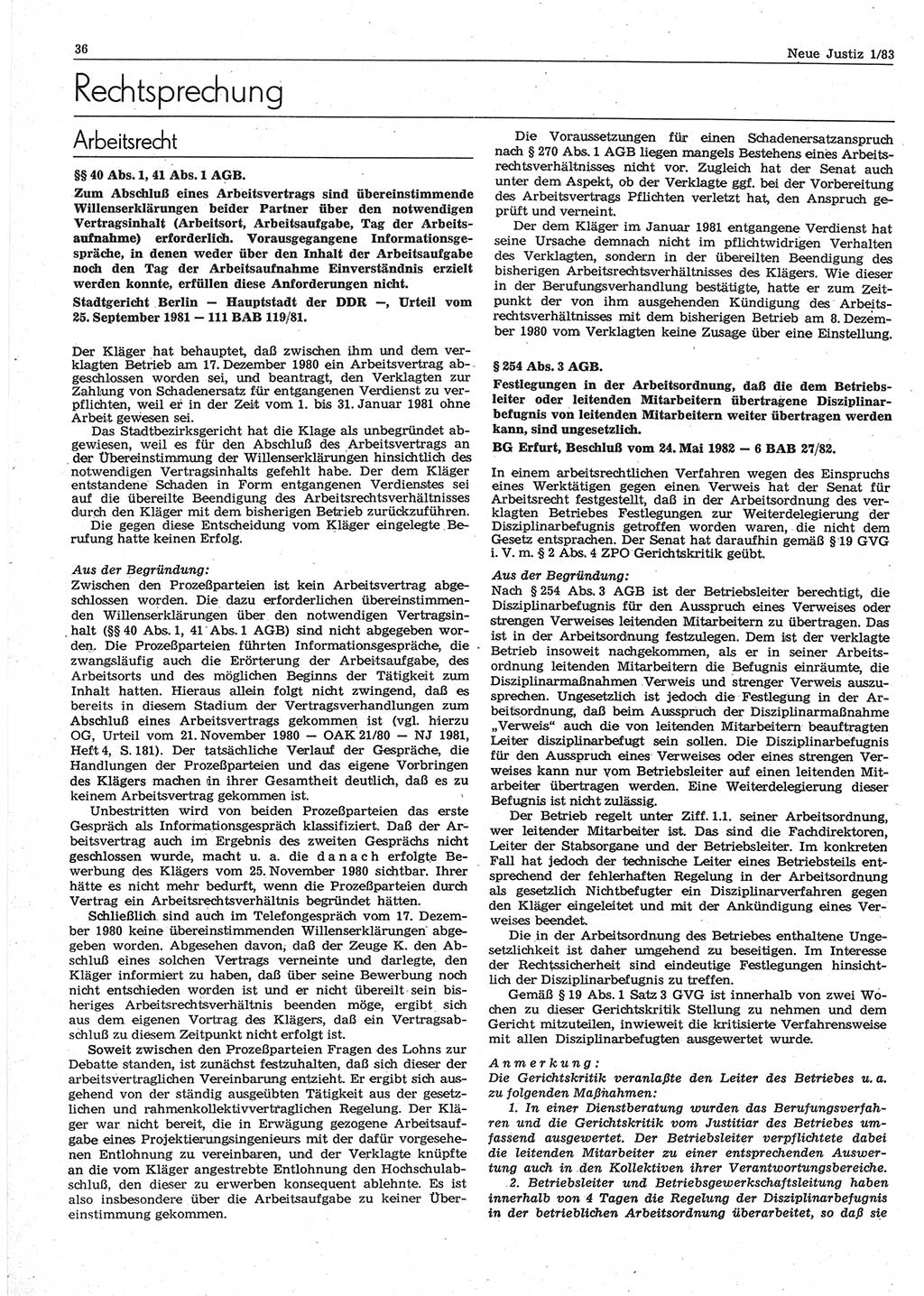 Neue Justiz (NJ), Zeitschrift für sozialistisches Recht und Gesetzlichkeit [Deutsche Demokratische Republik (DDR)], 37. Jahrgang 1983, Seite 36 (NJ DDR 1983, S. 36)