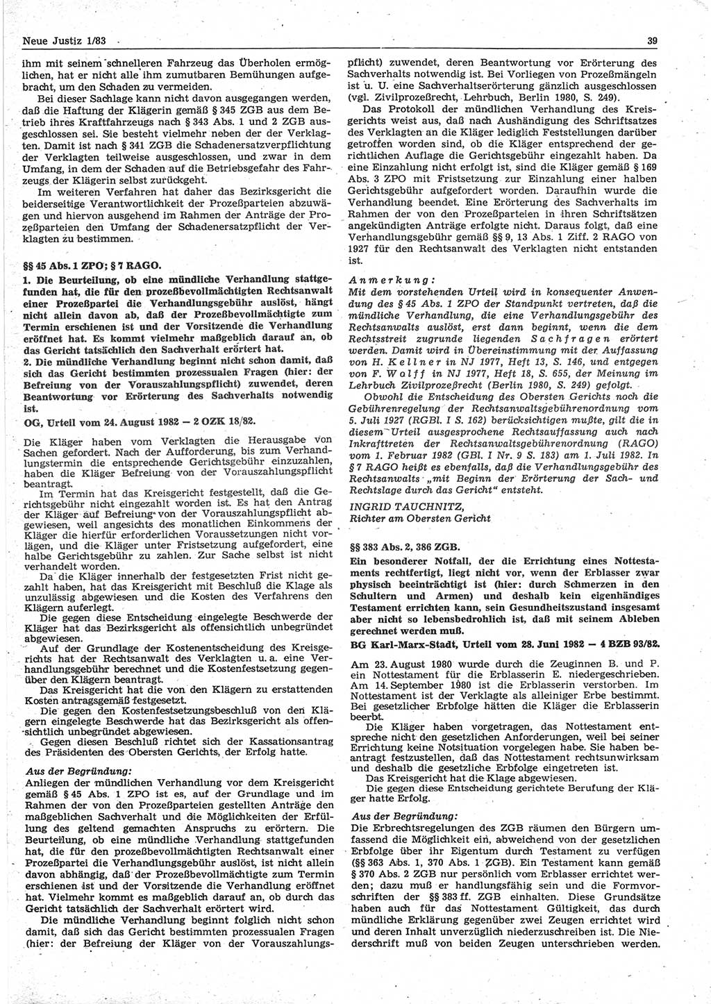 Neue Justiz (NJ), Zeitschrift für sozialistisches Recht und Gesetzlichkeit [Deutsche Demokratische Republik (DDR)], 37. Jahrgang 1983, Seite 39 (NJ DDR 1983, S. 39)