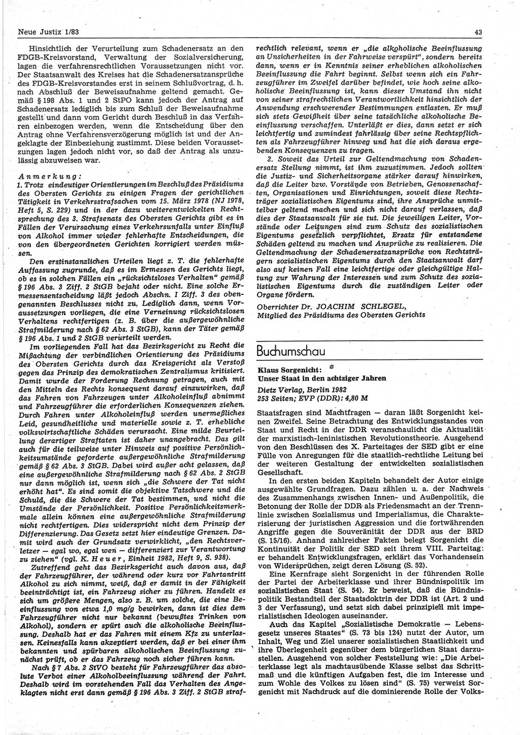 Neue Justiz (NJ), Zeitschrift für sozialistisches Recht und Gesetzlichkeit [Deutsche Demokratische Republik (DDR)], 37. Jahrgang 1983, Seite 43 (NJ DDR 1983, S. 43)