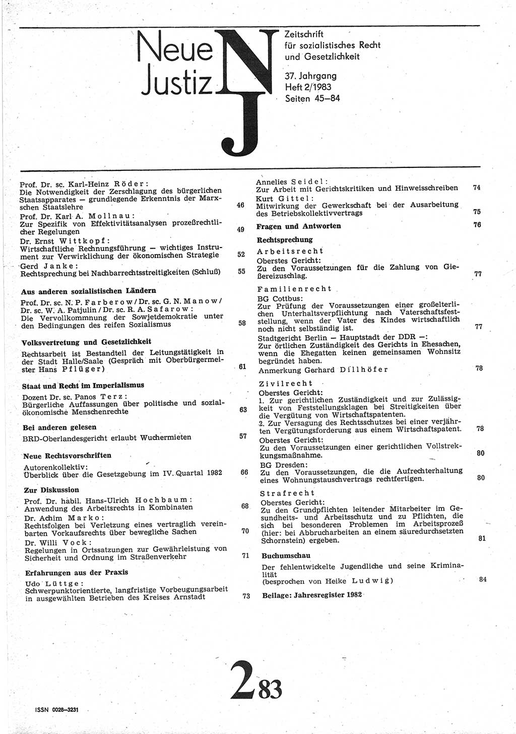 Neue Justiz (NJ), Zeitschrift für sozialistisches Recht und Gesetzlichkeit [Deutsche Demokratische Republik (DDR)], 37. Jahrgang 1983, Seite 45 (NJ DDR 1983, S. 45)
