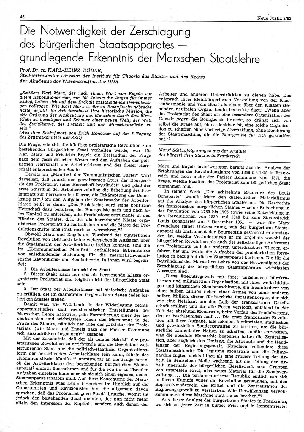 Neue Justiz (NJ), Zeitschrift für sozialistisches Recht und Gesetzlichkeit [Deutsche Demokratische Republik (DDR)], 37. Jahrgang 1983, Seite 46 (NJ DDR 1983, S. 46)